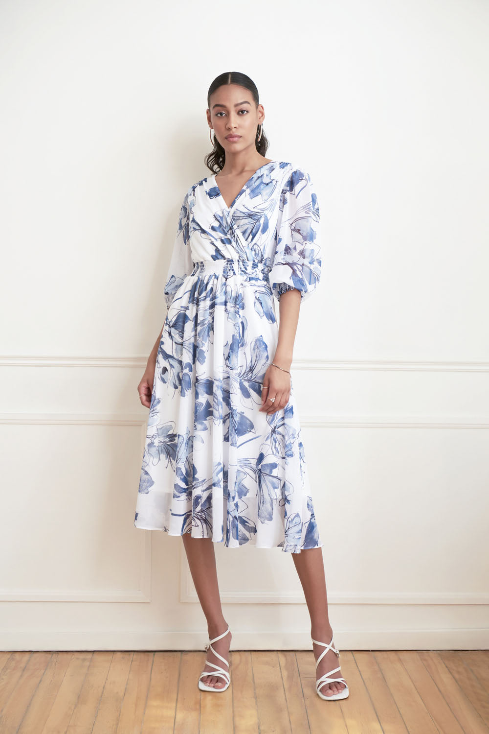 Joseph Ribkoff Blue/Vanilla Wrap Front Floral Dress Style 221344 DECABANA Joseph Ribkoff Blue/Vanilla Wrap Front Floral Dress Style 221344 DECABANA