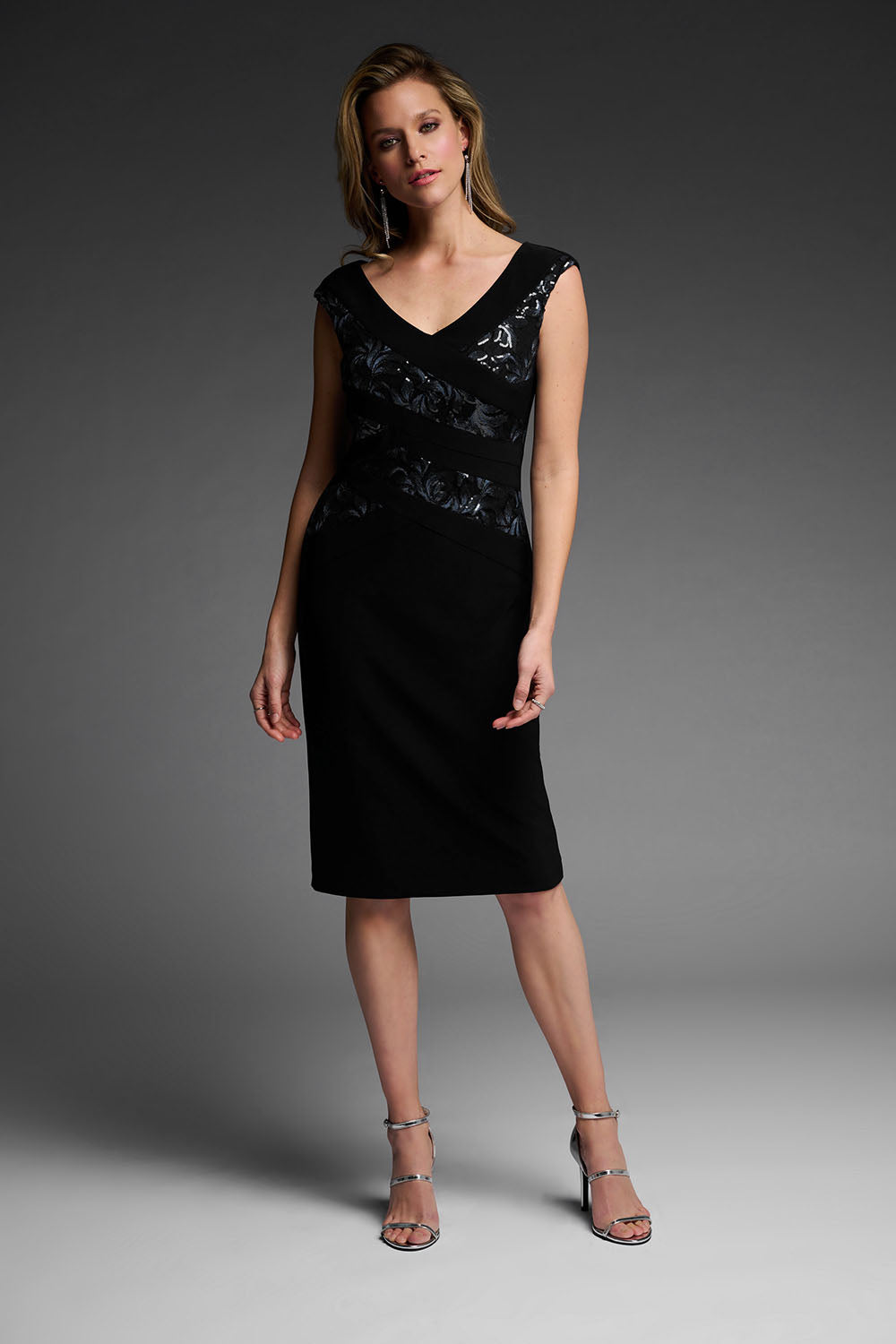 joseph ribkoff black sequin dress Joseph Ribkoff Sequined Mesh Floral Print Sheath Dress