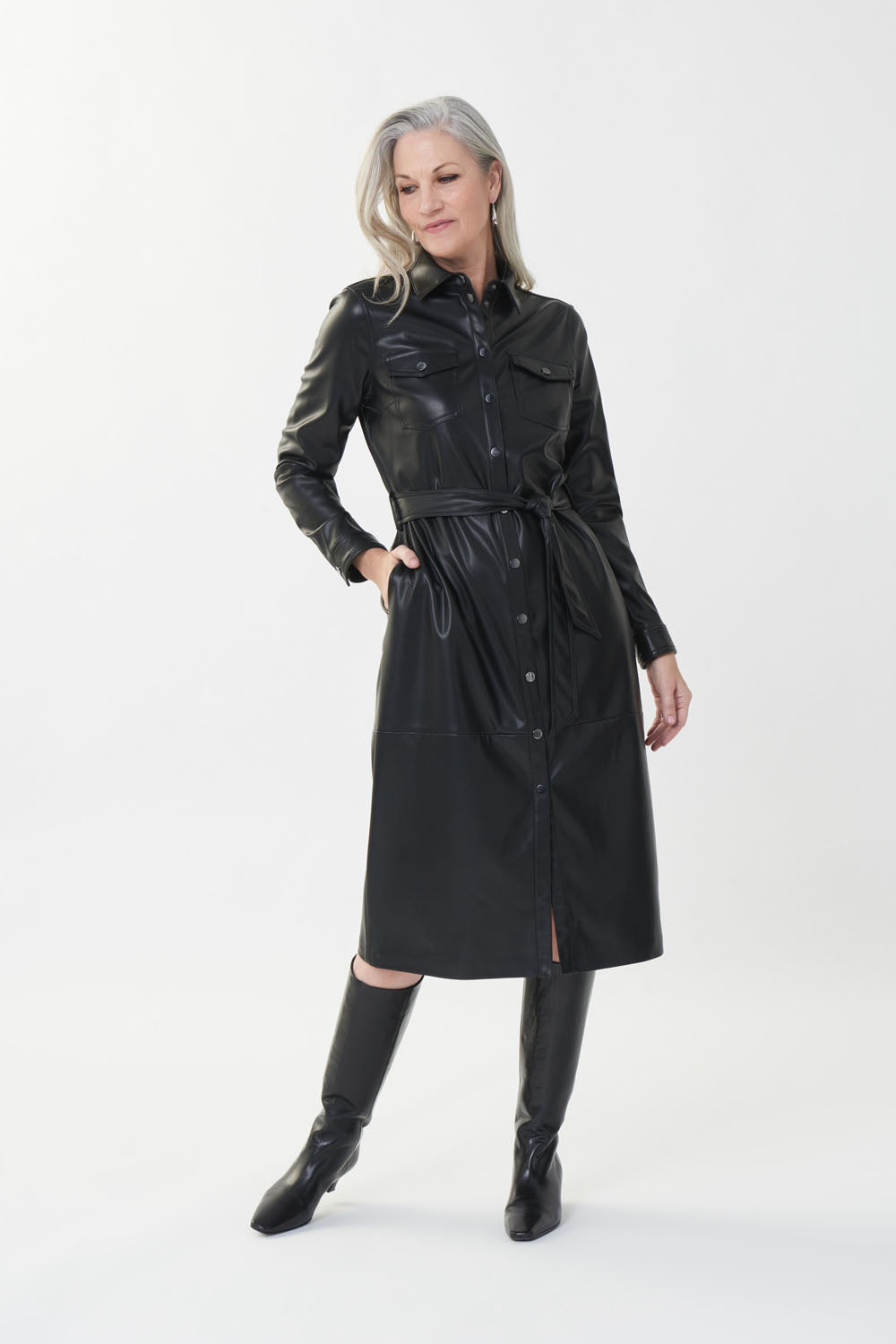 Joseph Ribkoff Black Faux Leather Shirt Dress Style 223940 Joseph Ribkoff Black Faux Leather Shirt Dress Style 223940