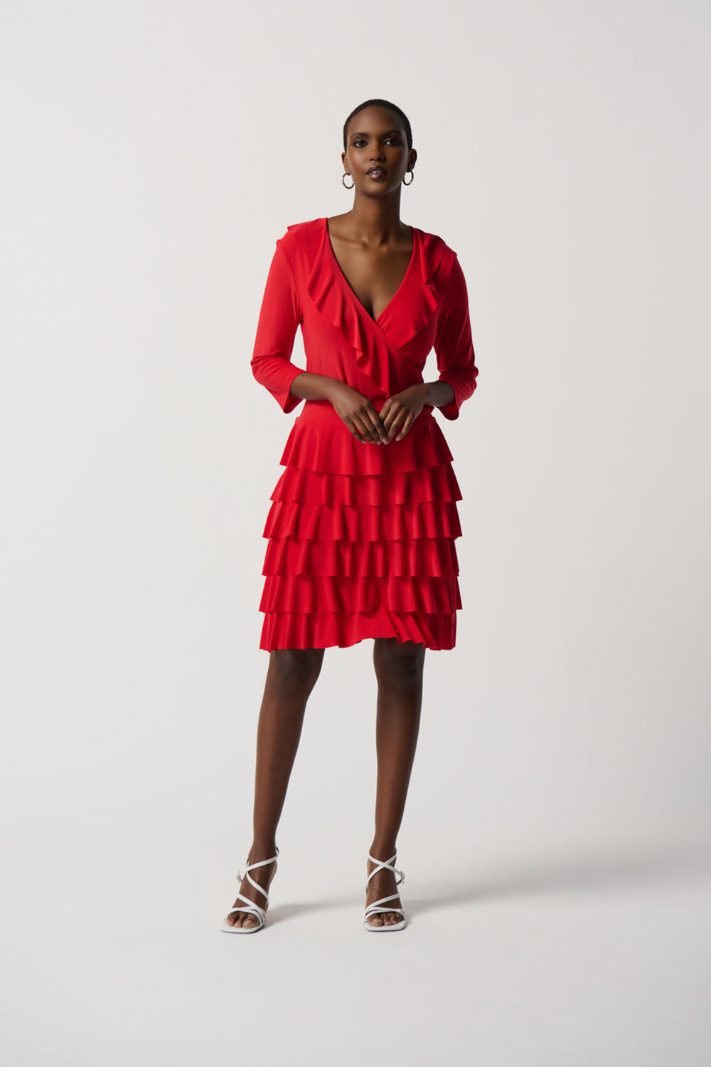Joseph Ribkoff Magma Red Silky Knit Flounce Wrap Dress Style 231081 DECABANA Joseph Ribkoff Magma Red Silky Knit Flounce Wrap Dress Style 231081 DECABANA