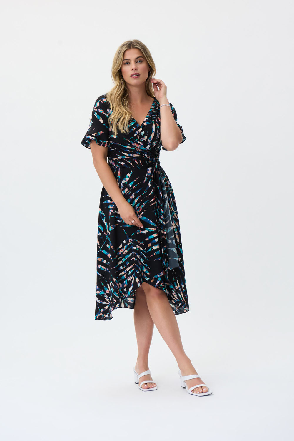 Joseph Ribkoff Black/Multi Tropical Print Fit And Flare Dress Style 23 DECABANA Joseph Ribkoff Black/Multi Tropical Print Fit And Flare Dress Style 23 DECABANA