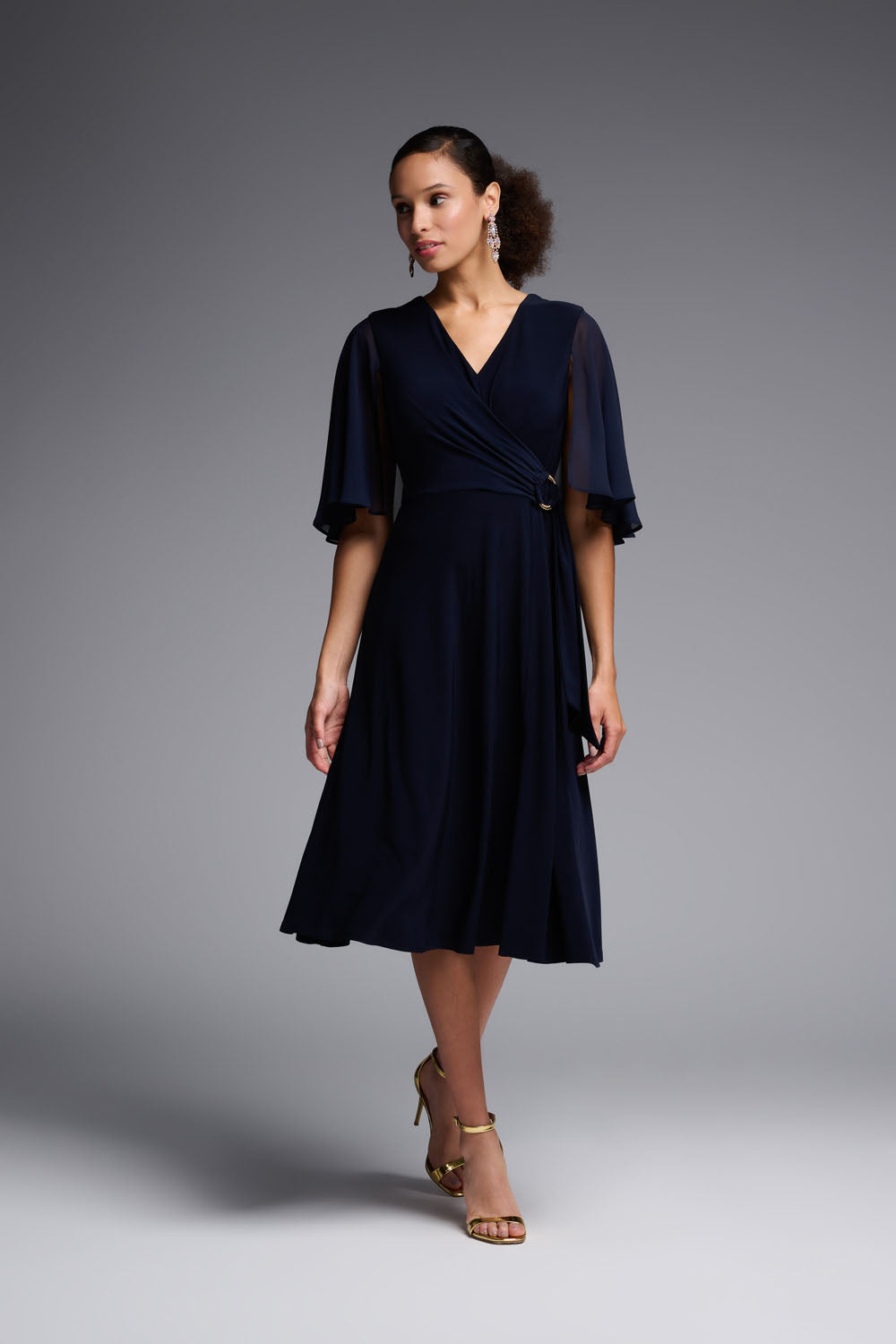 joseph ribkoff navy blue dress Joseph Ribkoff- Foiled Knit Wrap Dress with Mesh Sleeve