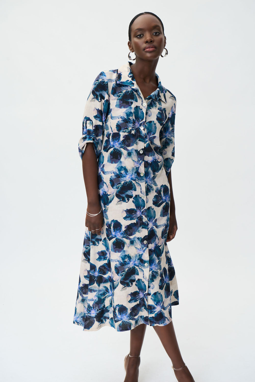 Joseph Ribkoff Beige/Multi Linen Hemmed Shirt Dress Style 232238 Joseph Ribkoff Beige/Multi Linen Hemmed Shirt Dress Style 232238