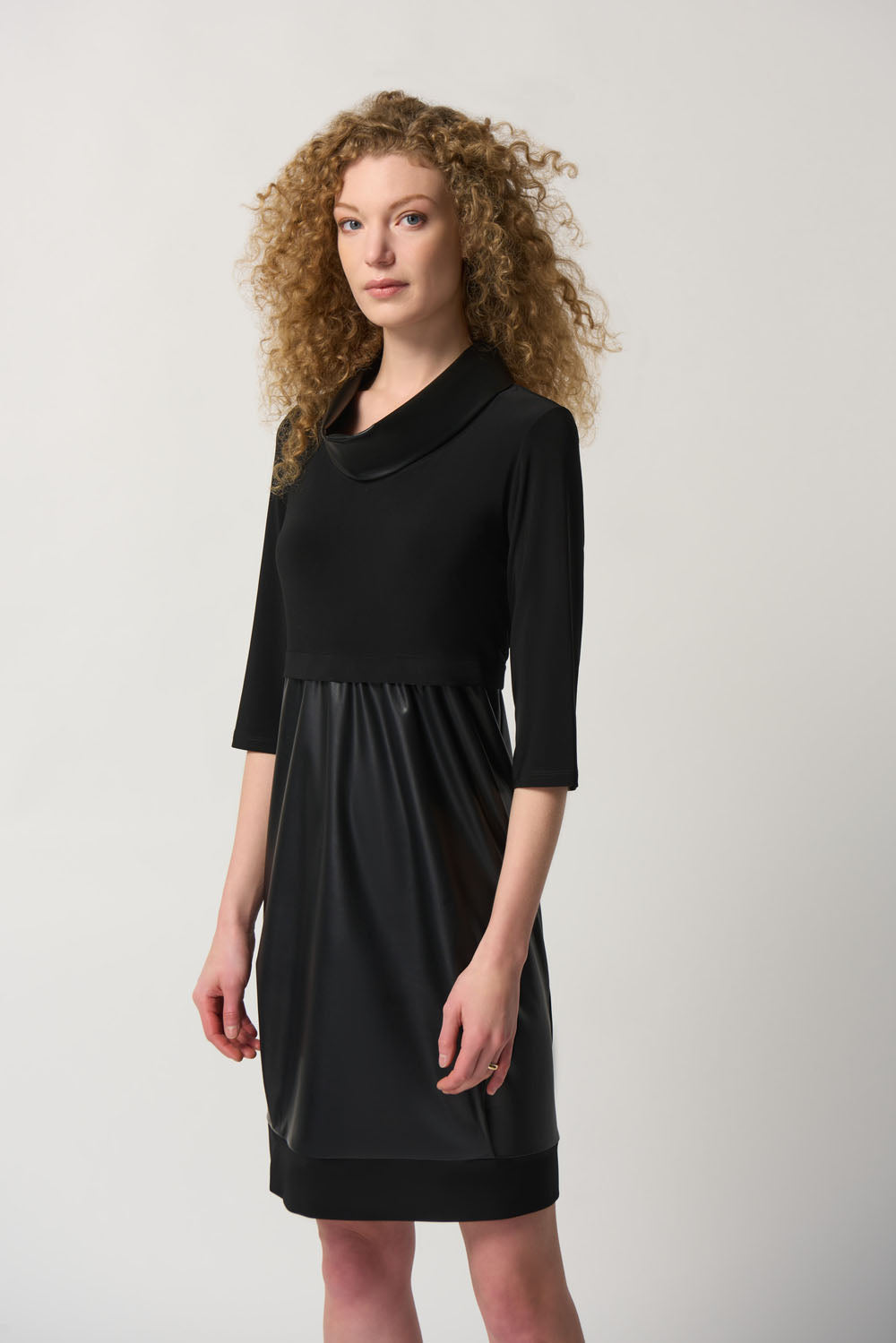 joseph ribkoff leather dress Joseph Ribkoff Black Faux-Leather and Knit Cocoon Dress Style 233091 DECABANA