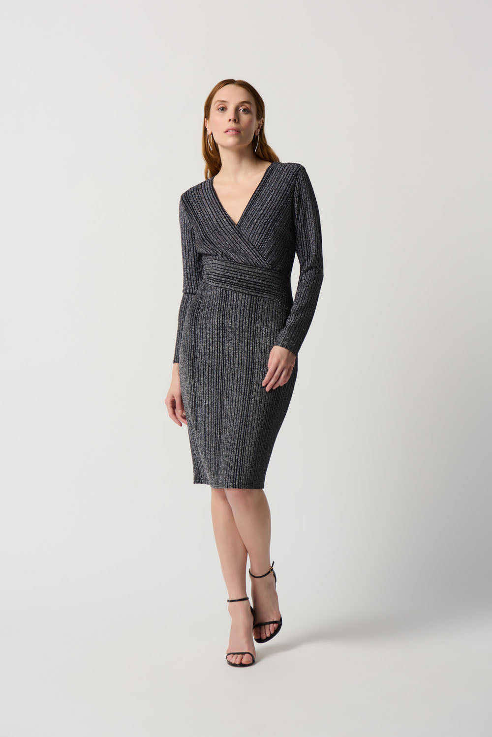 black and silver striped dress Joseph Ribkoff Black/Silver Striped Organza Fit-and-Flare Dress Style 241748