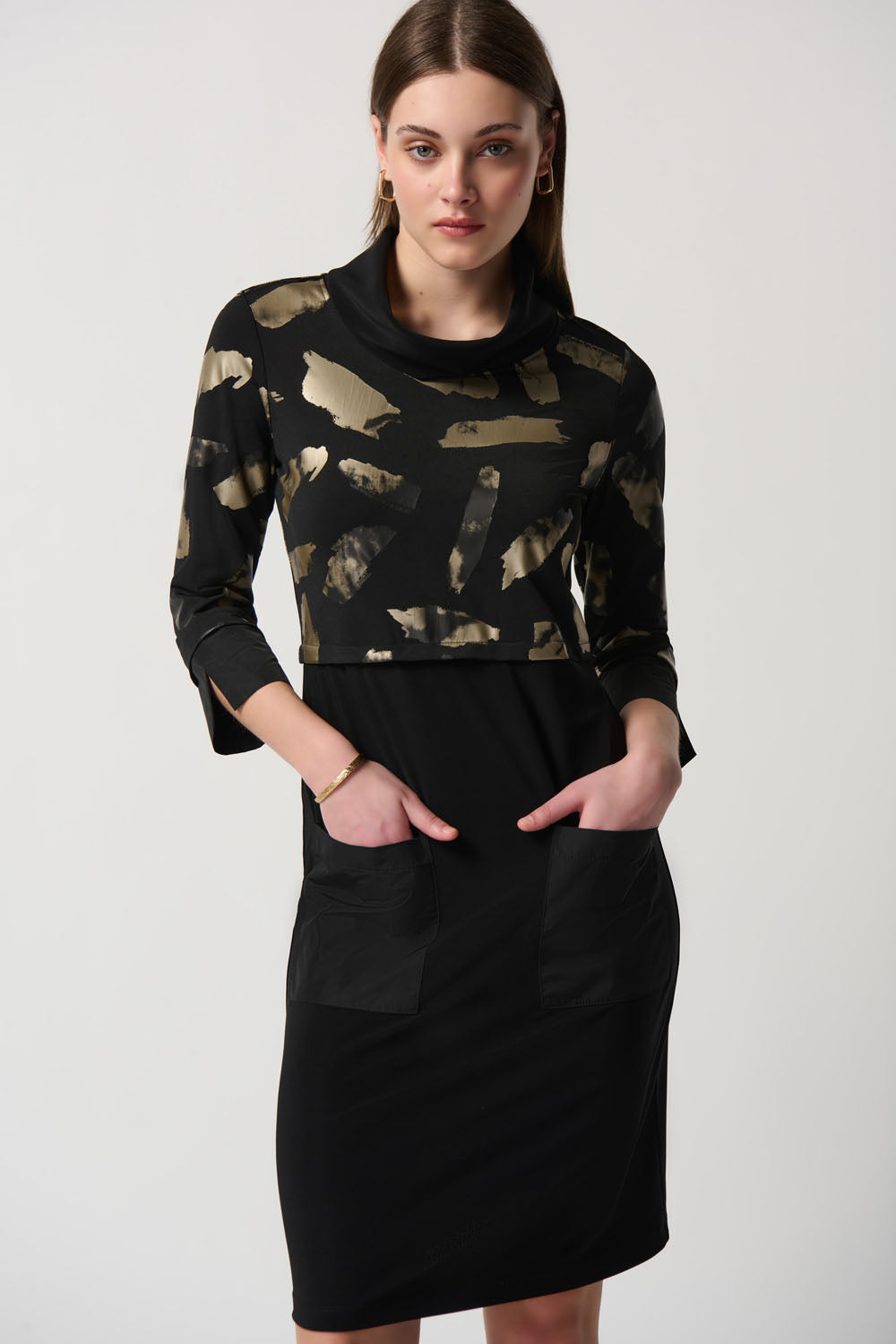 Joseph Ribkoff Black/Gold Abstract Foil Print Cowl Collar Cocoon Dress DECABANA Joseph Ribkoff Black/Gold Abstract Foil Print Cowl Collar Cocoon Dress DECABANA