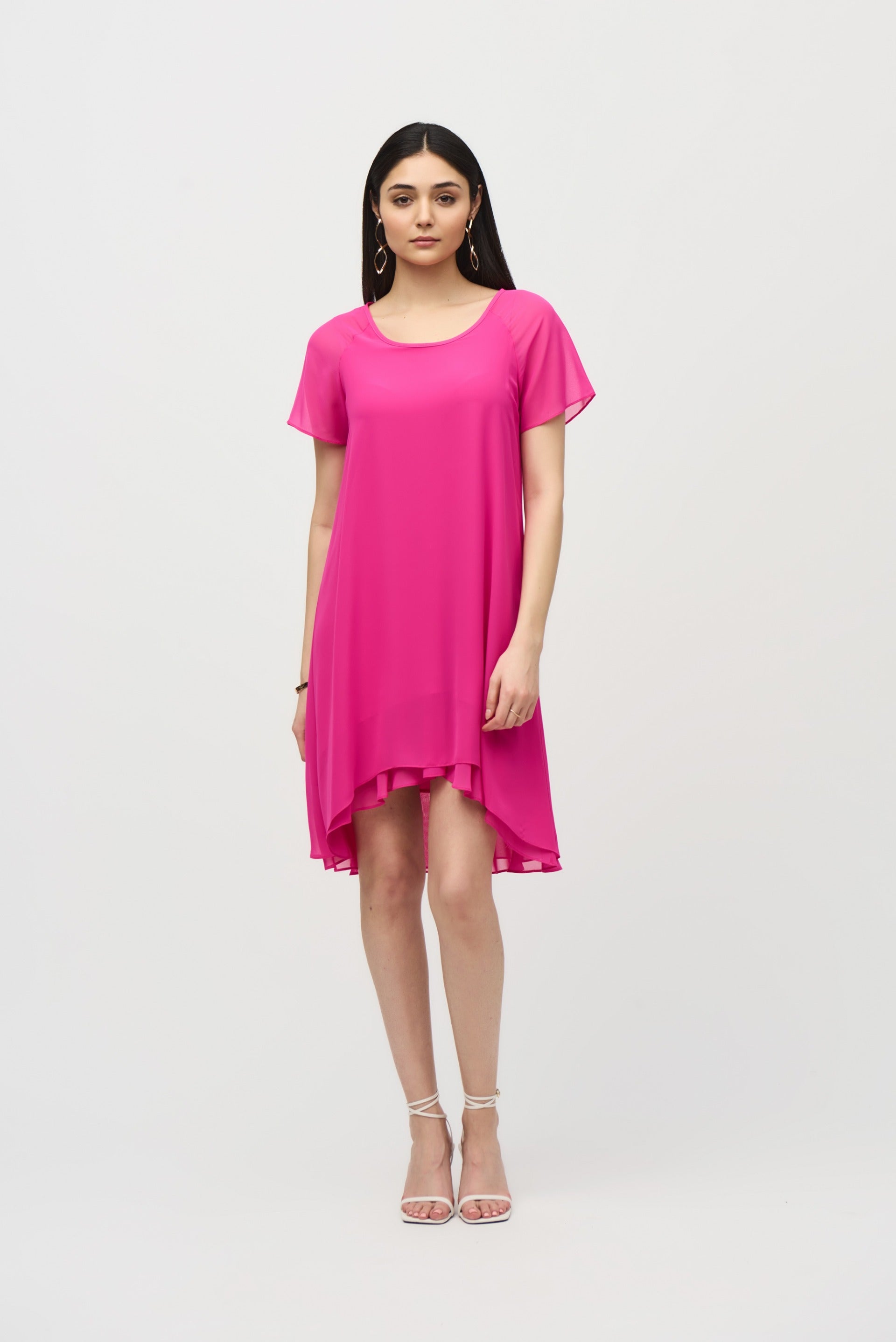 Joseph Ribkoff Ultra Pink Chiffon Layered Trapeze Dress Style 241084 Joseph Ribkoff Ultra Pink Chiffon Layered Trapeze Dress Style 241084