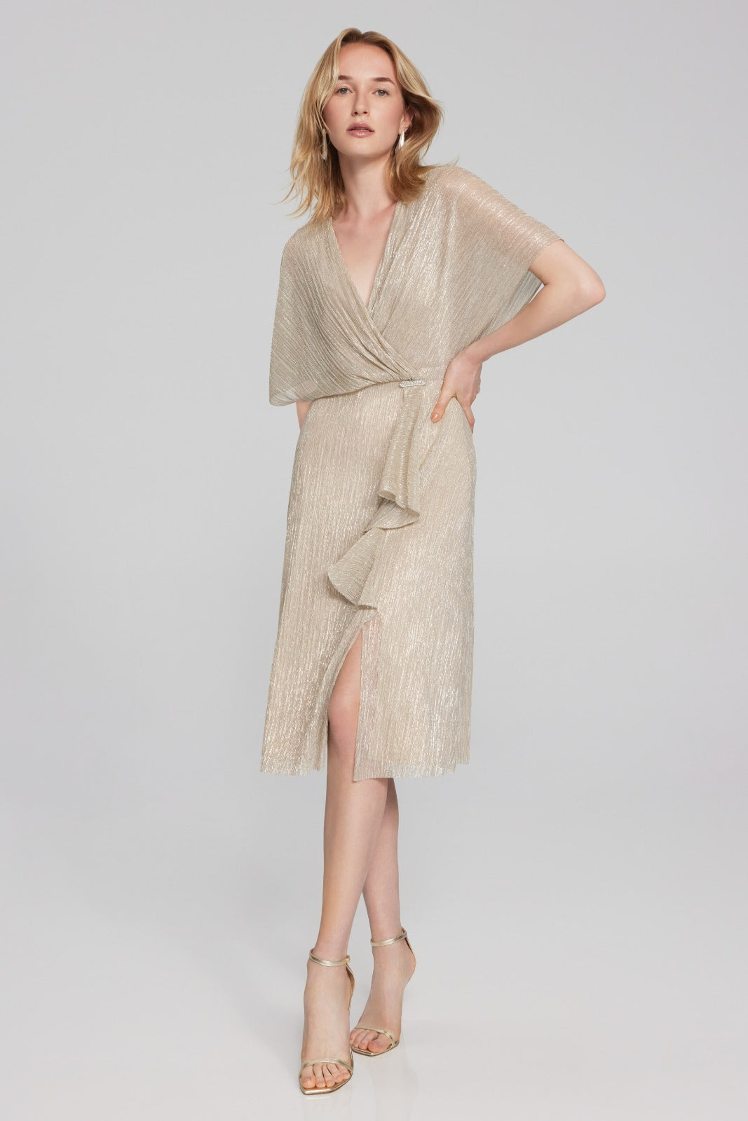 Joseph Ribkoff Champagne/Gold Pleated Fit-and-Flare Dress Style 241714 DECABANA Joseph Ribkoff Champagne/Gold Pleated Fit-and-Flare Dress Style 241714 DECABANA