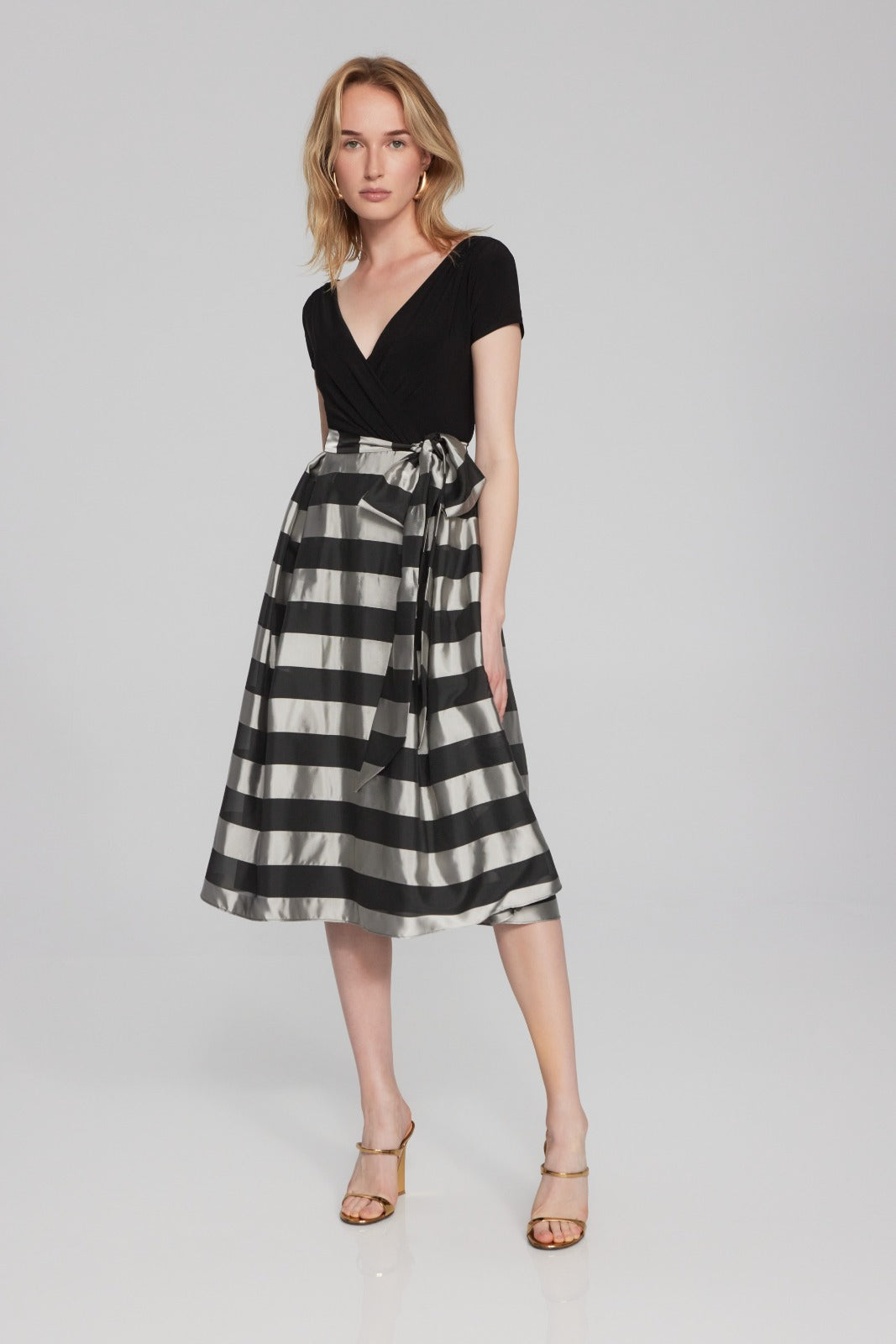 Joseph Ribkoff Black/Silver Striped Organza Fit-and-Flare Dress Style 241748 Joseph Ribkoff Black/Silver Striped Organza Fit-and-Flare Dress Style 241748