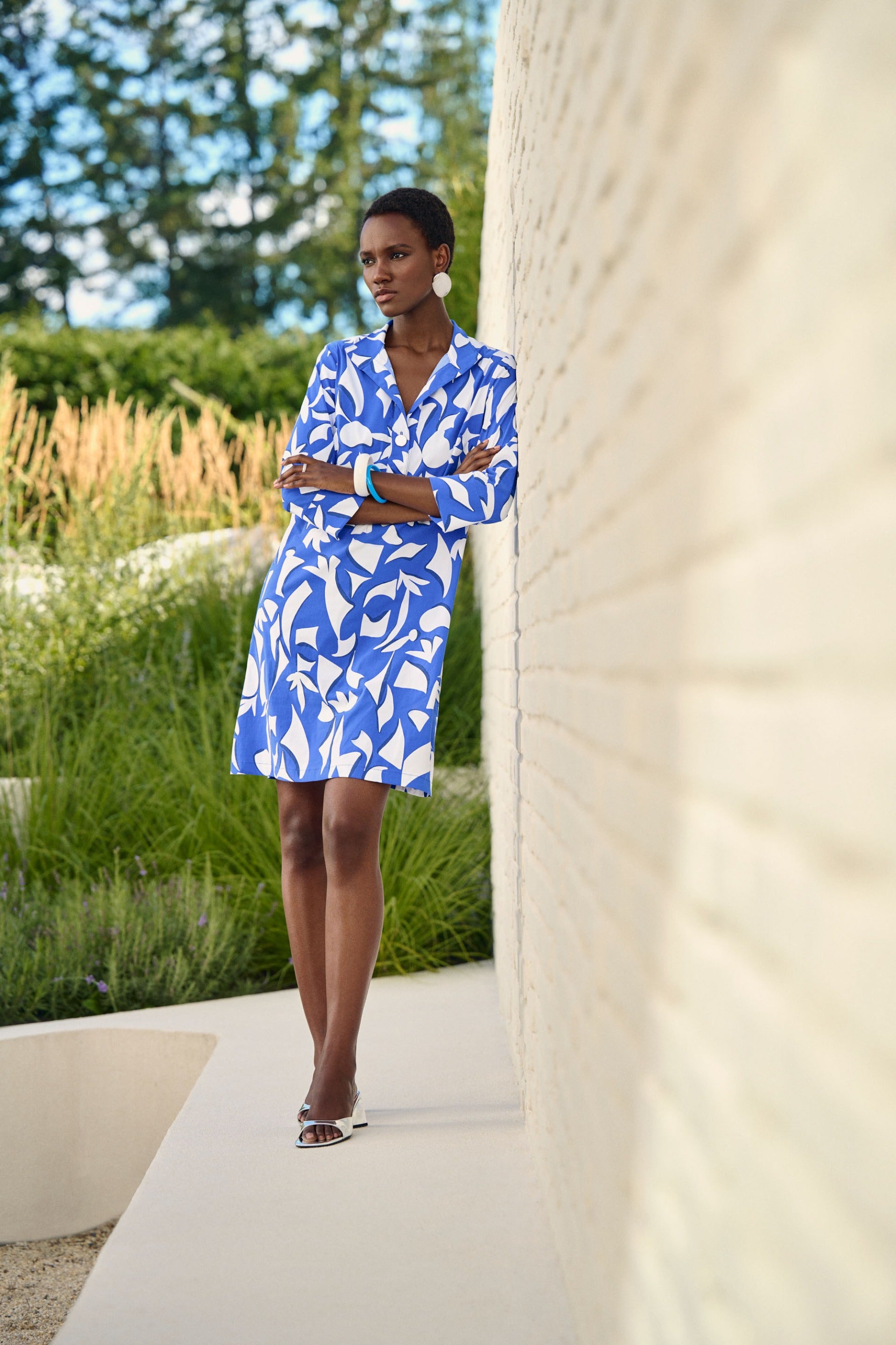 Joseph Ribkoff Blue/Vanilla Abstract Print Trapeze Dress Style 242154 Joseph Ribkoff Blue/Vanilla Abstract Print Trapeze Dress Style 242154