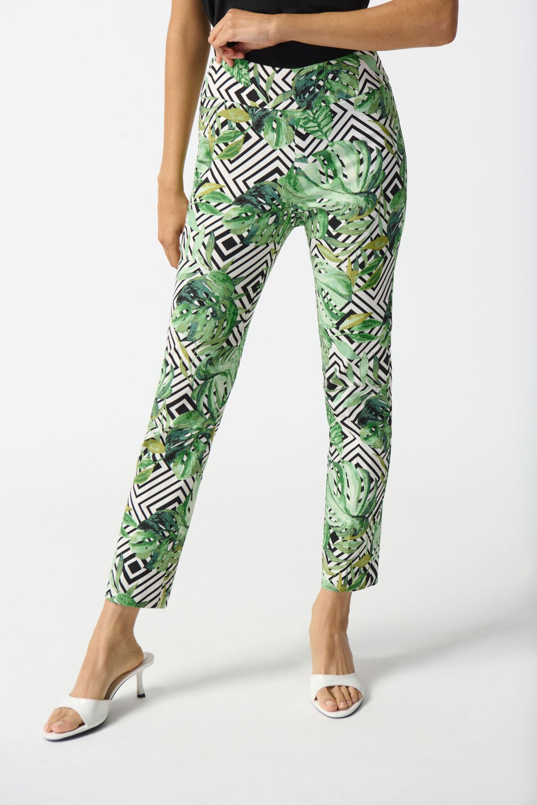 Joseph Ribkoff Vanilla/Multi Geometric and Leaf Print Crop Pants Style 242223