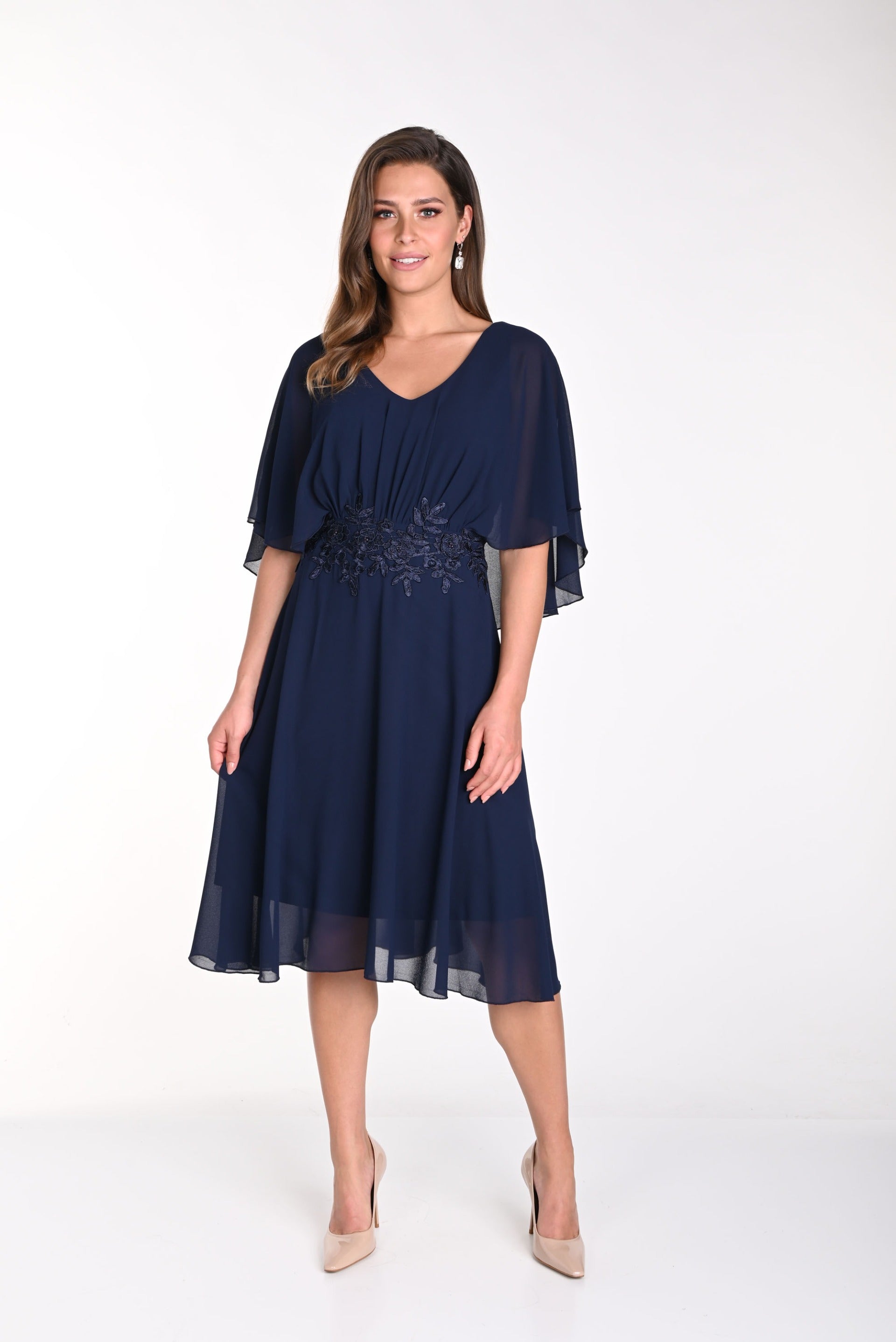 Frank Lyman Midnight Blue Dress with Floral Lace Detail Style 242301U Frank Lyman Midnight Blue Dress with Floral Lace Detail Style 242301U