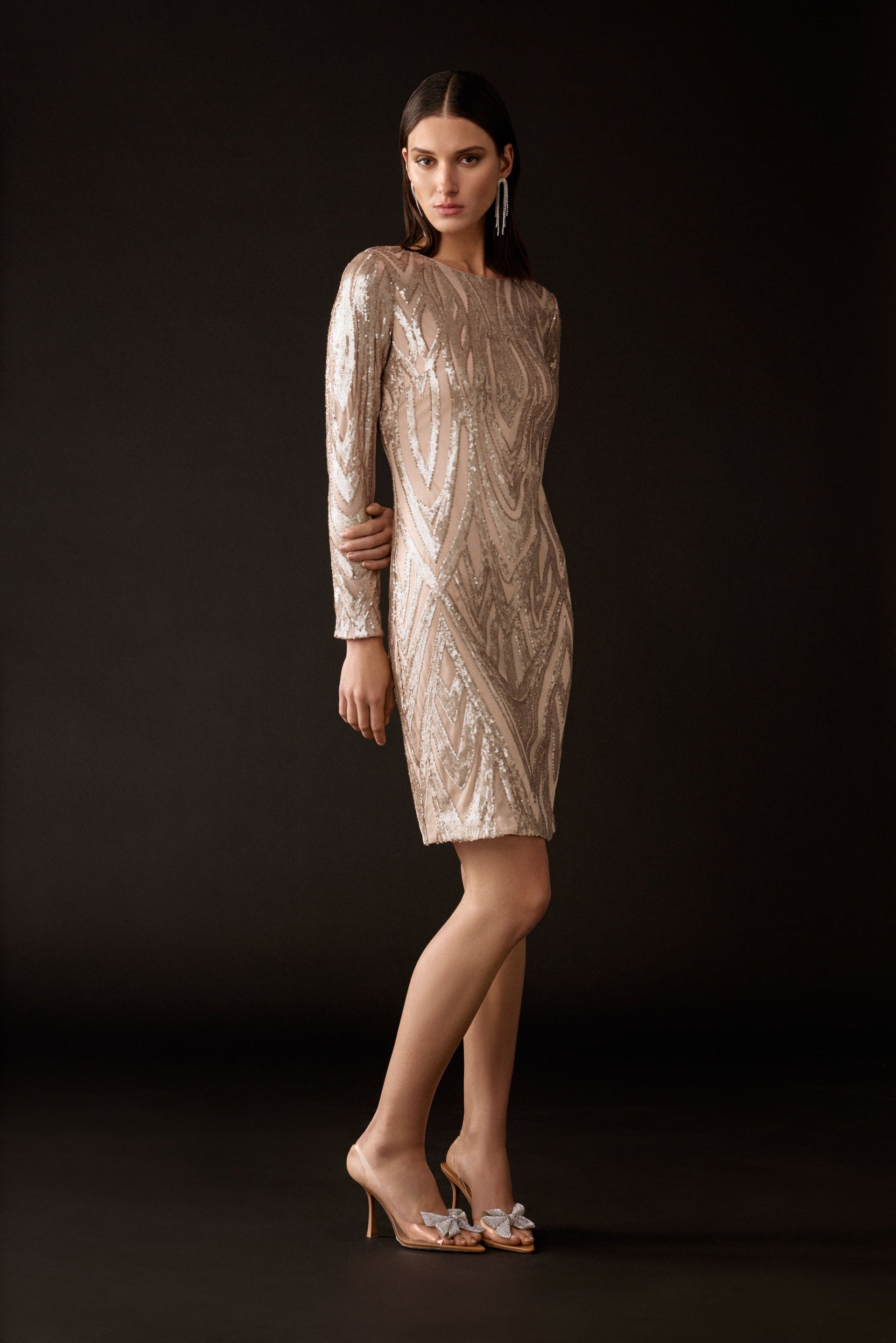 Joseph Ribkoff Matte Gold Placement Sequins Sheath Dress Style 243774 DECABANA Joseph Ribkoff Matte Gold Placement Sequins Sheath Dress Style 243774 DECABANA