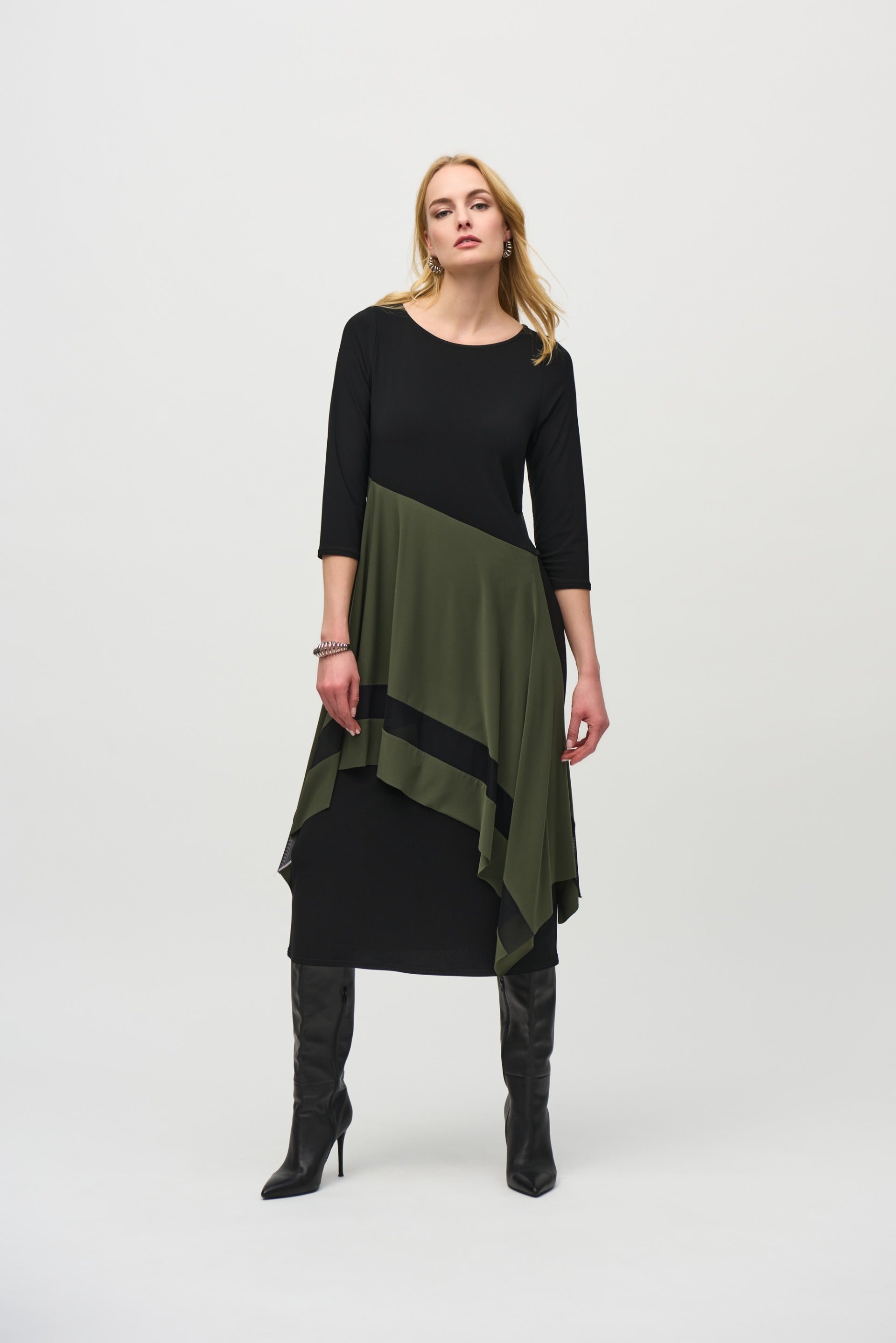 Joseph Ribkoff Black/Iguana Colour Block Handkerchief Dress Style 2441 DECABANA Joseph Ribkoff Black/Iguana Colour Block Handkerchief Dress Style 2441 DECABANA