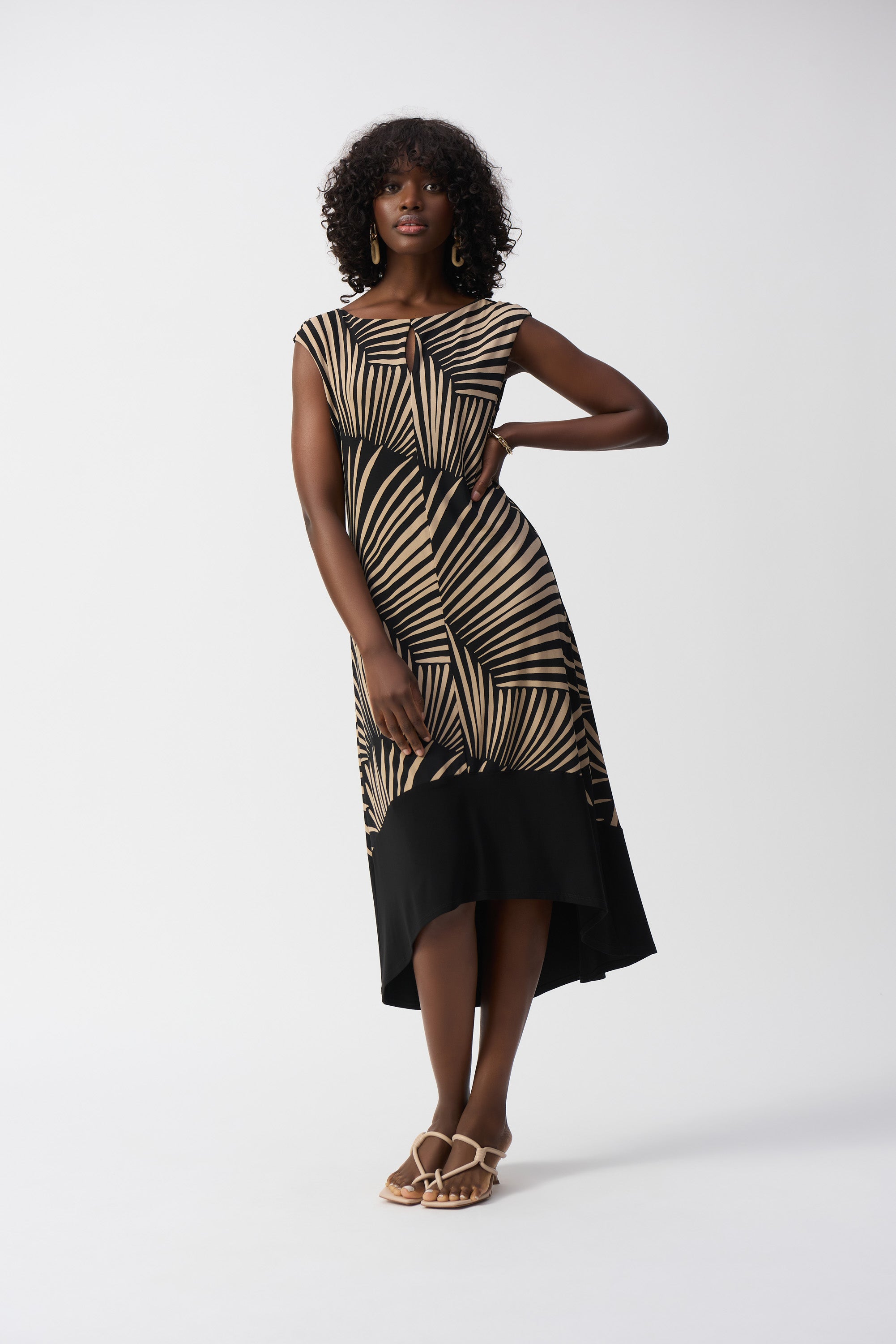 Joseph Ribkoff Black/Dune Tropical Print High-Low Dress Style 251107 DECABANA Joseph Ribkoff Black/Dune Tropical Print High-Low Dress Style 251107 DECABANA