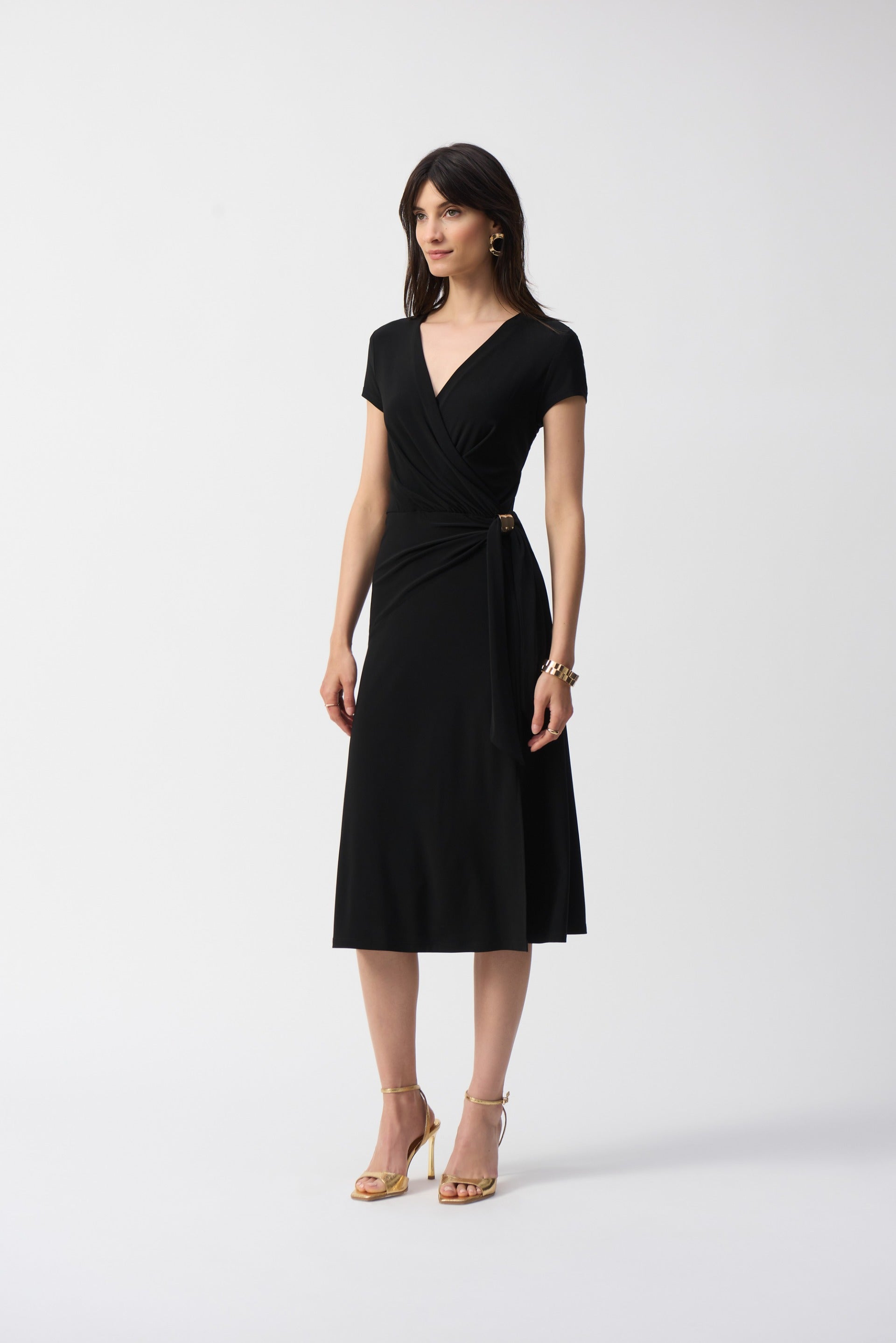 Joseph Ribkoff Short Sleeve Flowy Wrap Midi Dress Style 251250 Black / 22 Joseph Ribkoff Short Sleeve Flowy Wrap Midi Dress Style 251250 Black / 22