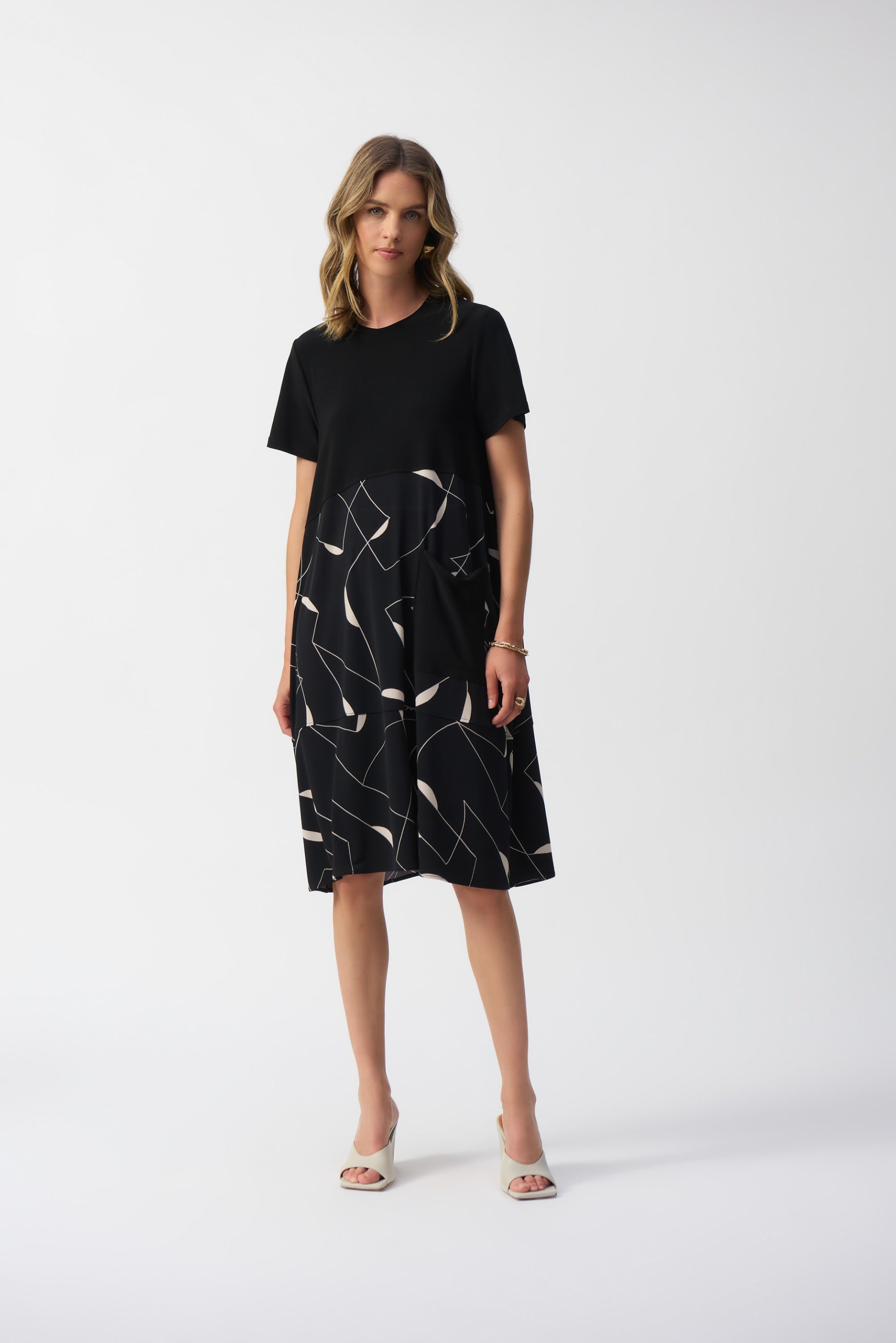 Joseph Ribkoff Black/Moonstone Silky Knit Geometric Print Trapeze Dress Style 251271 Joseph Ribkoff Black/Moonstone Silky Knit Geometric Print Trapeze Dress Style 251271