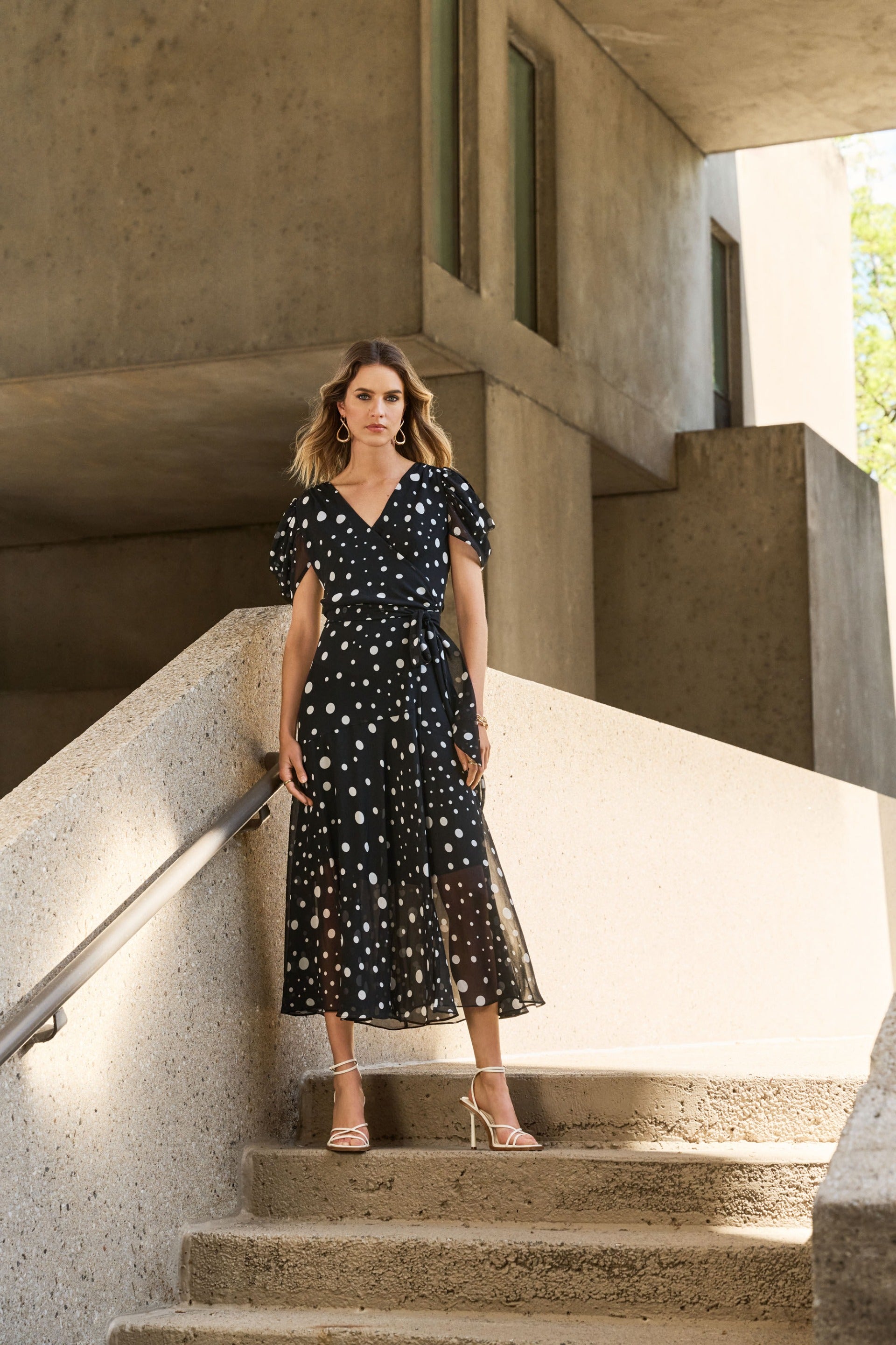 wrap dress styles with chiffon Joseph Ribkoff Black/Vanilla Chiffon Dot Print Wrap Dress Style 251907
