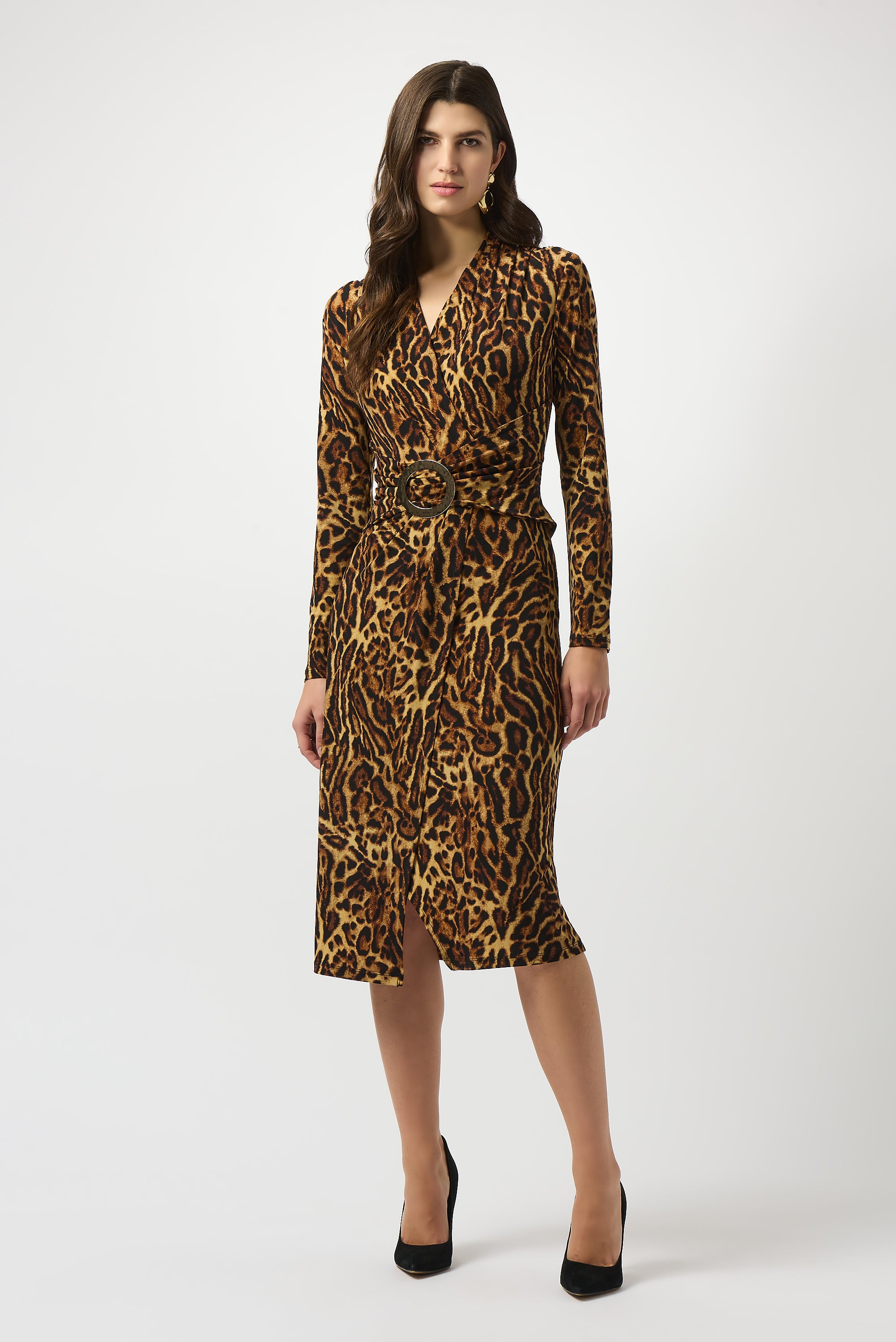 Joseph Ribkoff Black/Brown Silky Knit Animal Print Wrap Dress Style 253091 Black/Brown / 10 Joseph Ribkoff Black/Brown Silky Knit Animal Print Wrap Dress Style 253091 Black/Brown / 10
