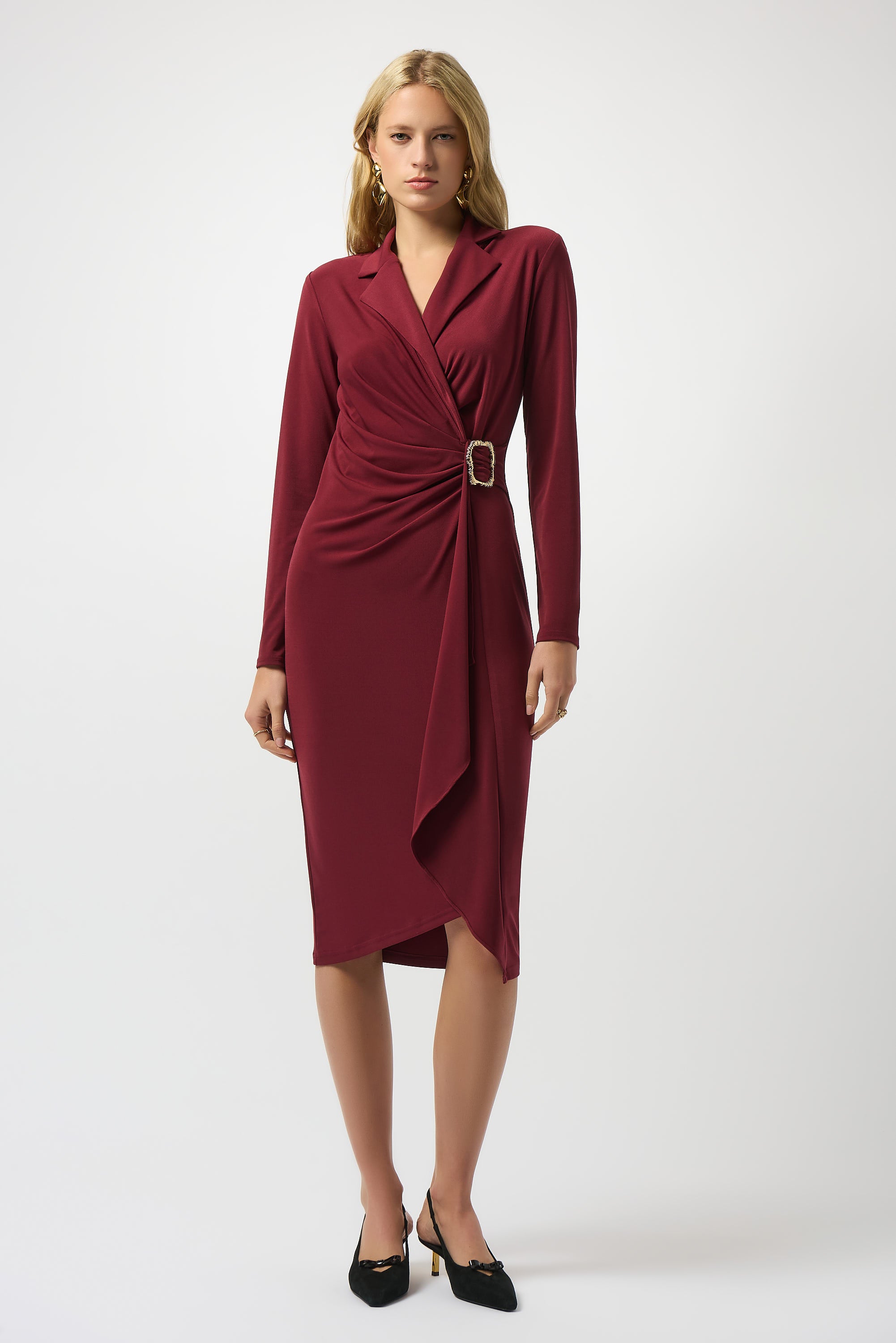 joseph ribkoff burgundy dress Joseph Ribkoff V-Neck Midi Wrap Dress Style 253775