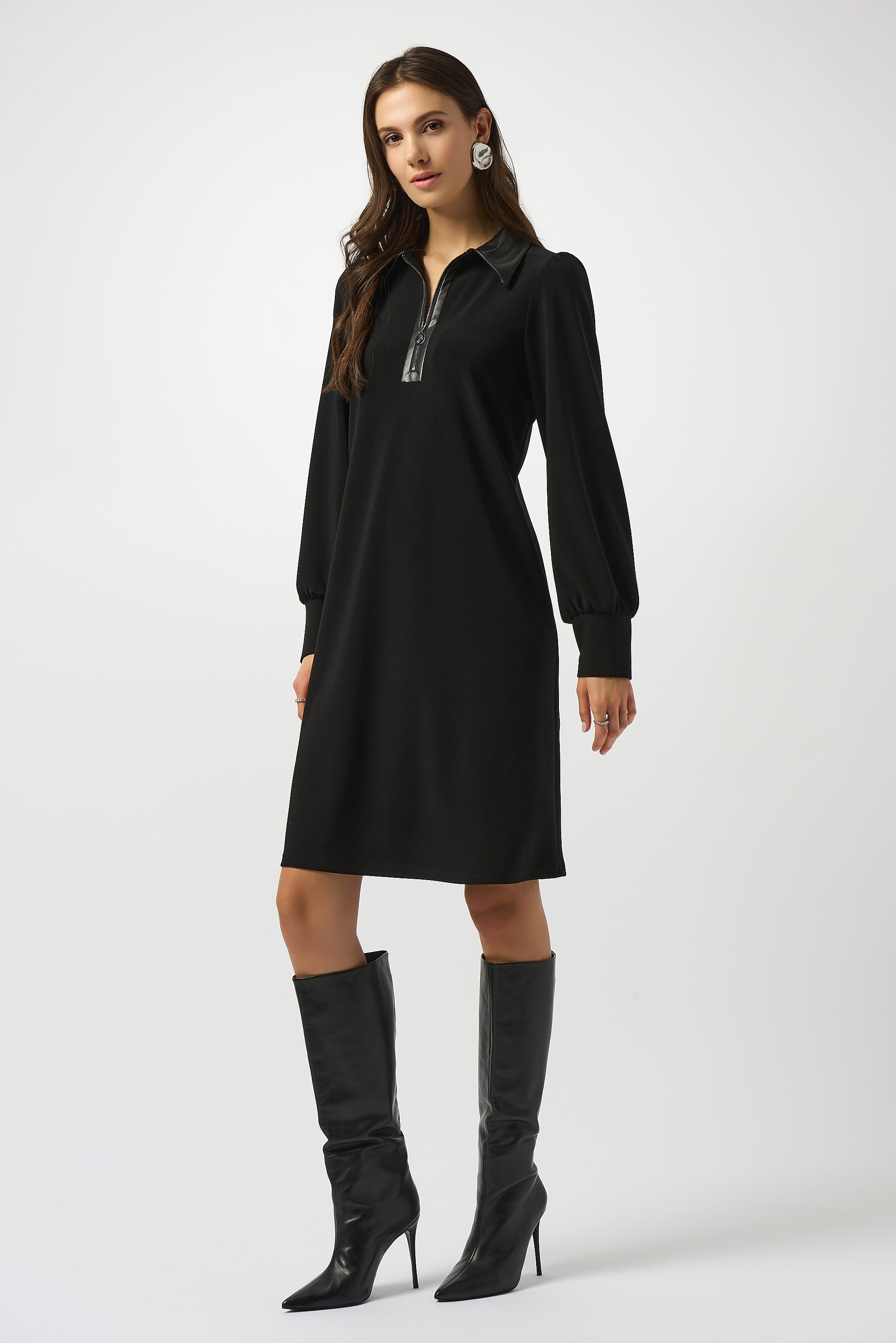 Joseph Ribkoff Black Silky Knit & Leatherette Trapeze Dress Style 253164 Joseph Ribkoff Black Silky Knit & Leatherette Trapeze Dress Style 253164