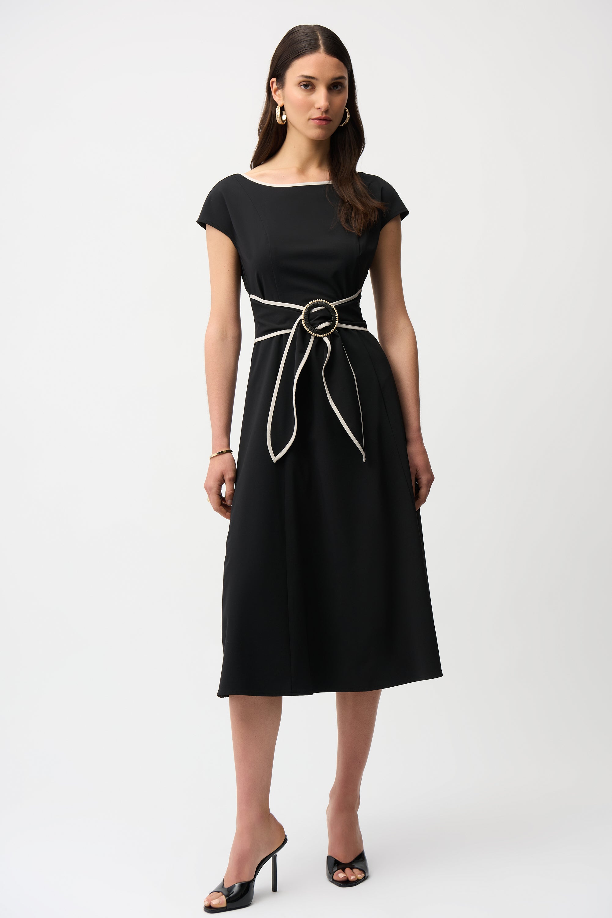 Joseph Ribkoff Fit & Flare Dolman Sleeve Dress with Sash Style 261051 Black/Moonstone / 22 Joseph Ribkoff Fit & Flare Dolman Sleeve Dress with Sash Style 261051 Black/Moonstone / 22