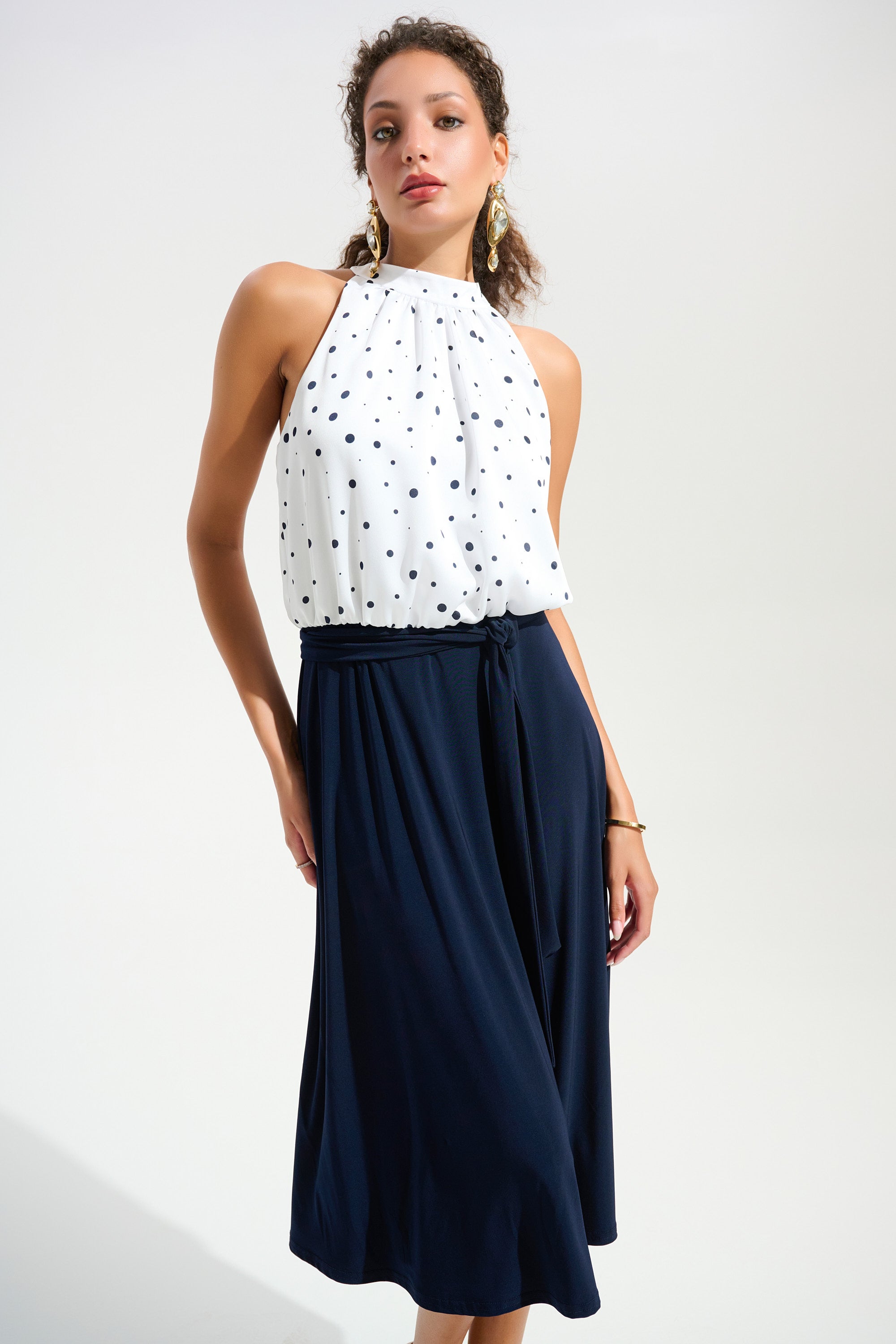 Joseph Ribkoff Dot Print A-Line Sleeveless Dress Style 261750 Vanilla/Midnight Blue / 18 Joseph Ribkoff Dot Print A-Line Sleeveless Dress Style 261750 Vanilla/Midnight Blue / 18
