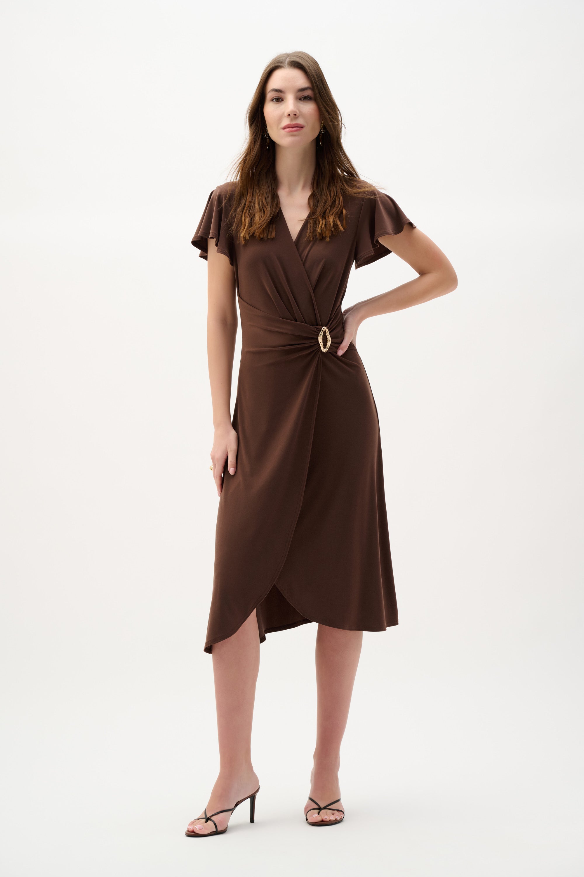 Joseph Ribkoff Gold Buckle Wrap Dress With Ruffled Sleeves Style 26214 DECABANA Joseph Ribkoff Gold Buckle Wrap Dress With Ruffled Sleeves Style 26214 DECABANA