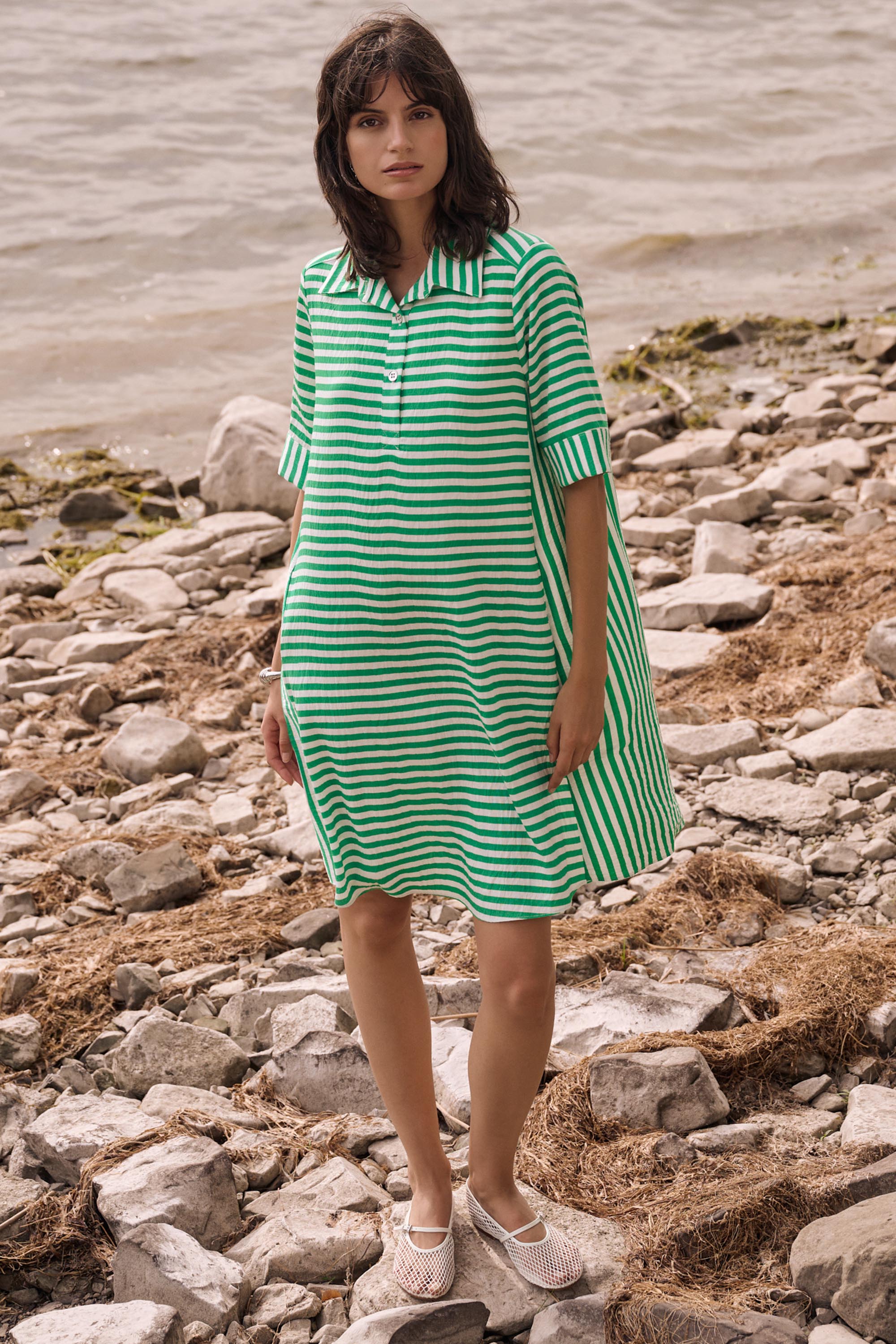 Joseph Ribkoff Stripe Print Trapeze Dress Style 262175 Green/Vanilla / 4