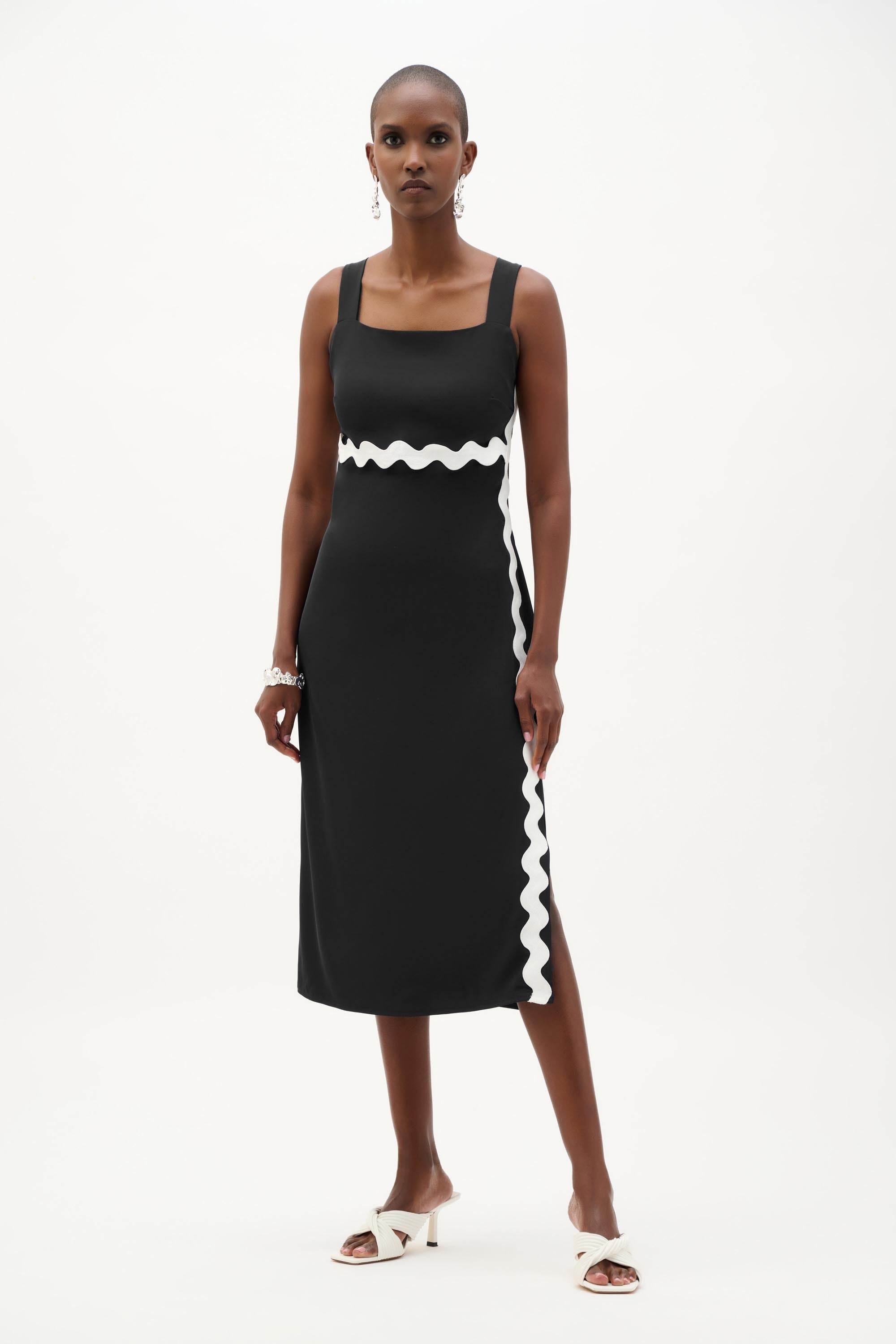 Joseph Ribkoff Straight Dress With Contras Trim Style 262230 Black/White / 4 Joseph Ribkoff Straight Dress With Contras Trim Style 262230 Black/White / 4