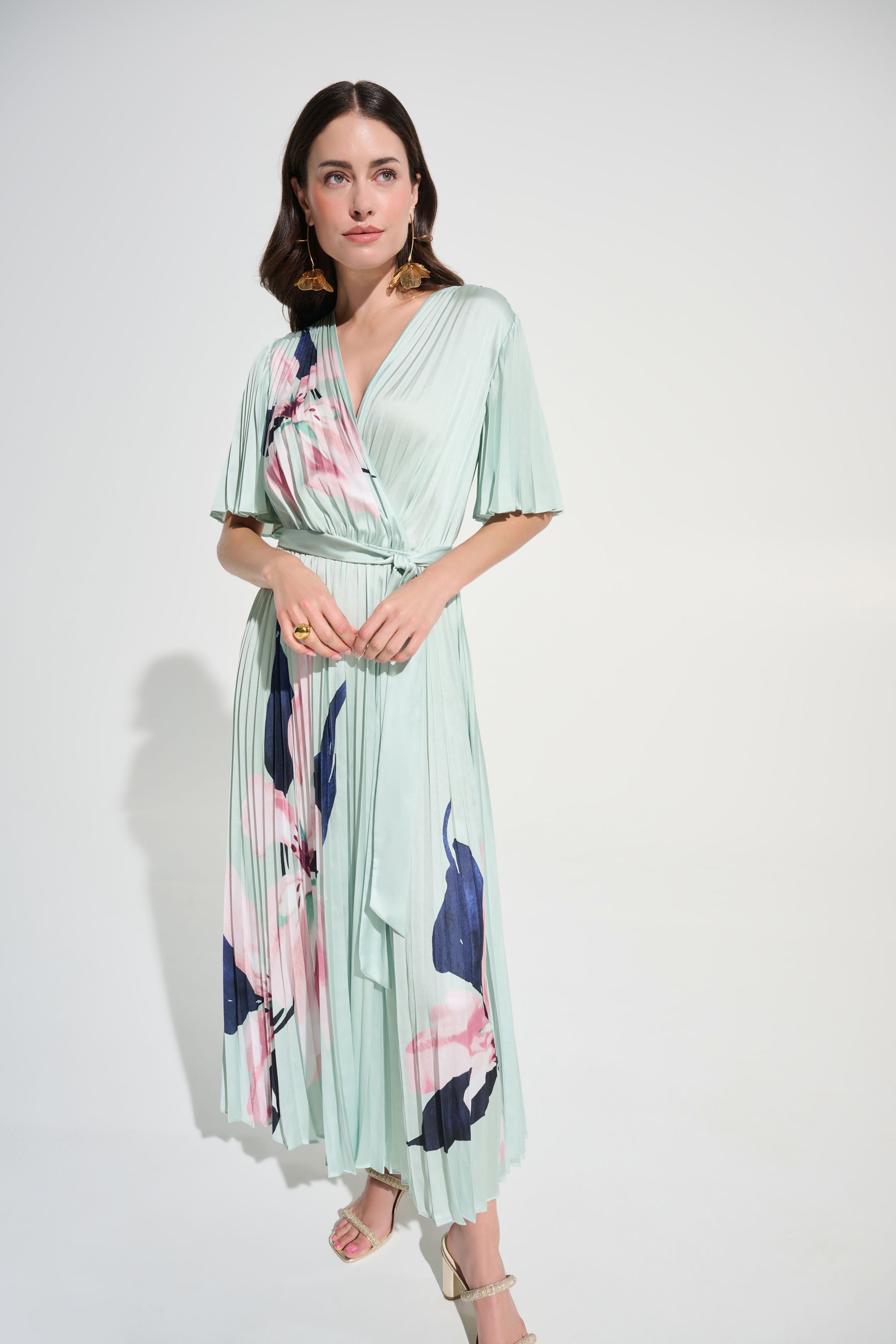 Joseph Ribkoff Pleated Floral Maxi Wrap Dress Style 262712 Green/Multi / XS Joseph Ribkoff Pleated Floral Maxi Wrap Dress Style 262712 Green/Multi / XS