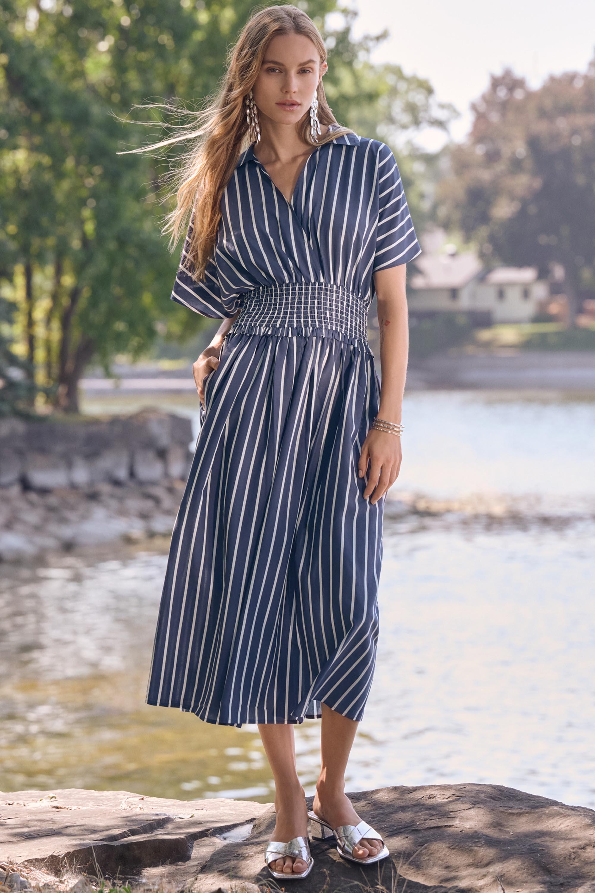 Joseph Ribkoff Flowy Stripe Print Fit & Flare Dress Style 262912 Blue/White / L Joseph Ribkoff Flowy Stripe Print Fit & Flare Dress Style 262912 Blue/White / L