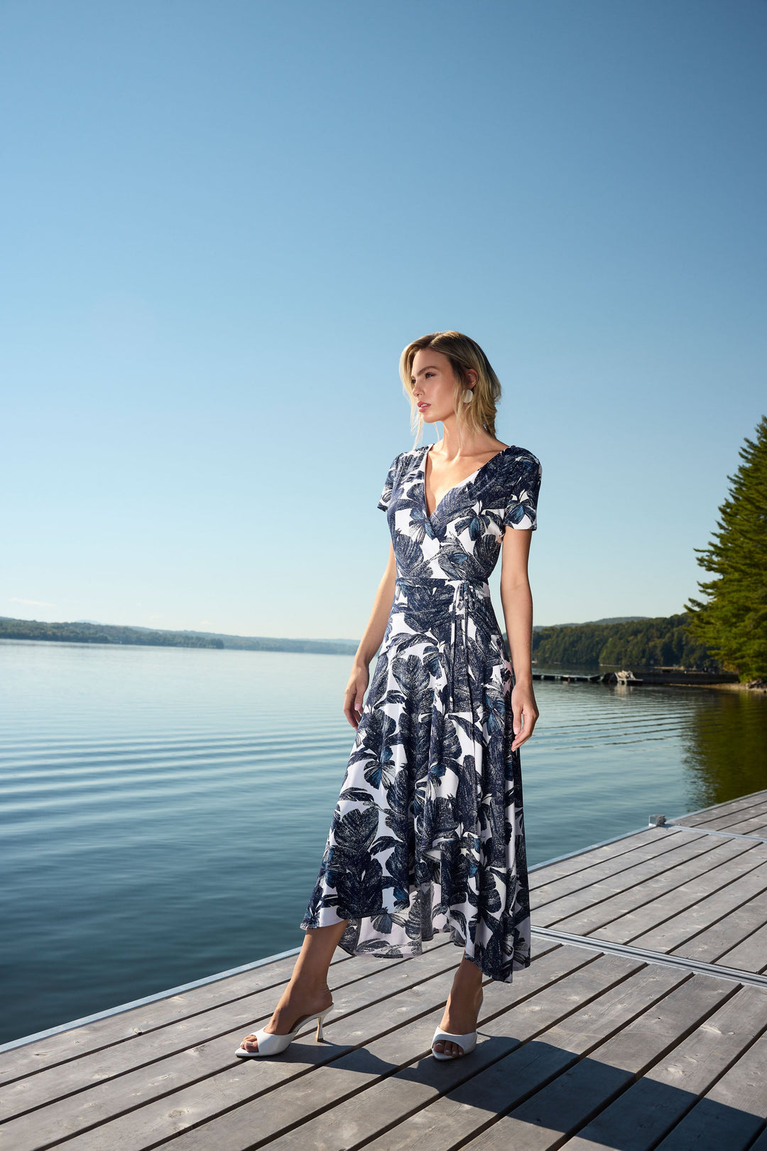 Frank Lyman Floral V-Neck Wrap Dress Style 266343 in midnight blue and off-white, a cruise outfit for women