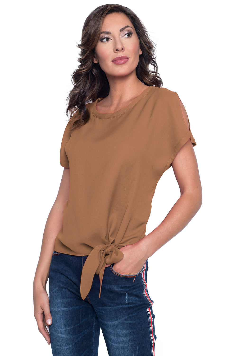 Frank Lyman Chestnut Slit Short Sleeve Top Style 181224