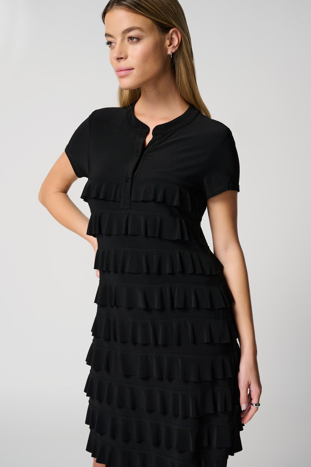 Joseph Ribkoff Black Short Sleeve Ruffled Dress Style 211350S – DECABANA Joseph Ribkoff Black Short Sleeve Ruffled Dress Style 211350S – DECABANA