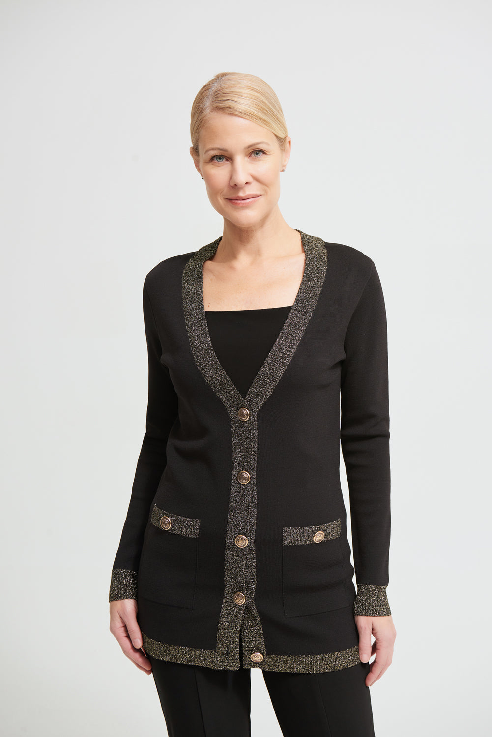 Joseph Ribkoff Black/Gold Contrast Trim Knit Cardigan Style 213931 - Main Image