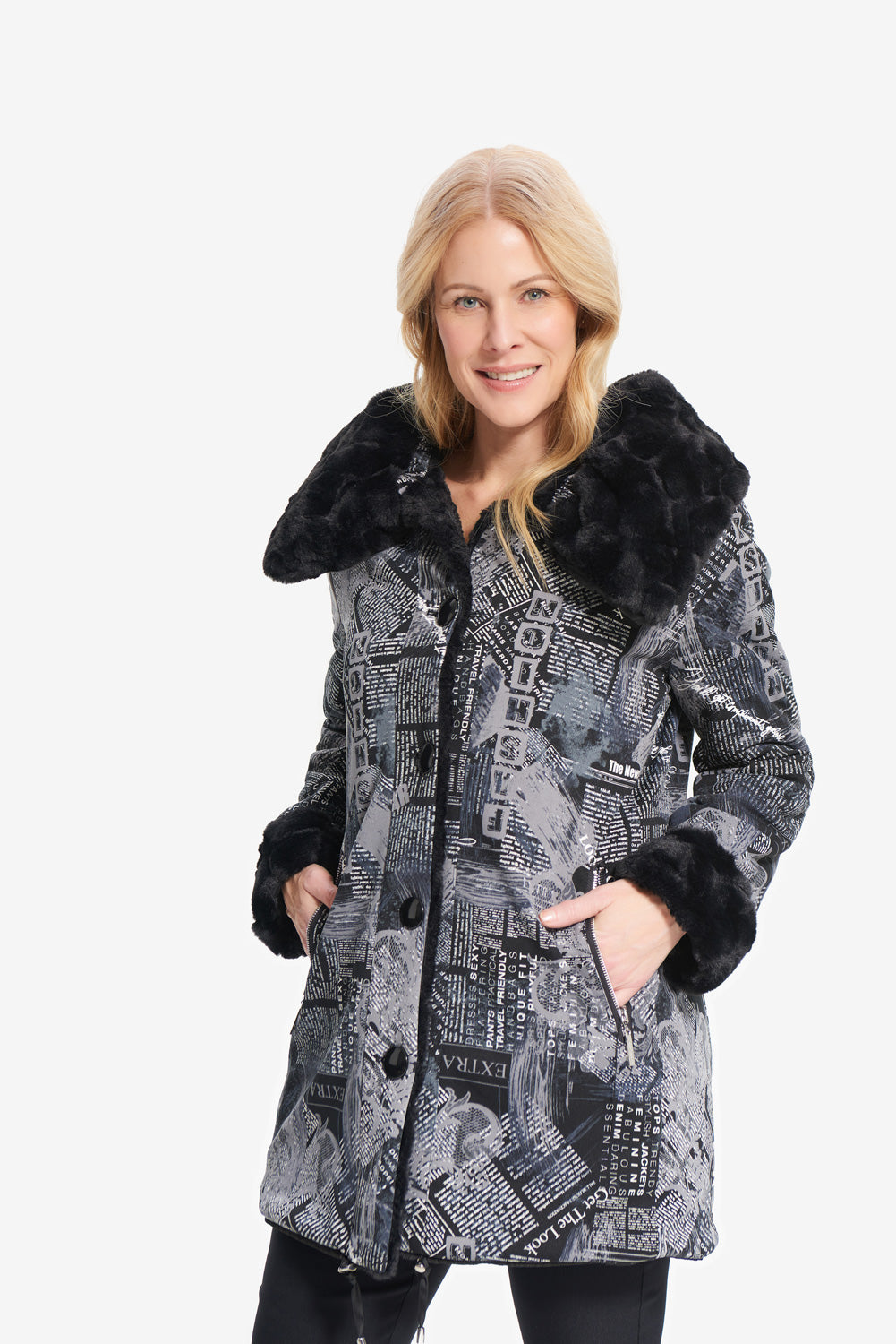 Joseph Ribkoff Black/Grey Newspaper Print Coat Style 214934 -1