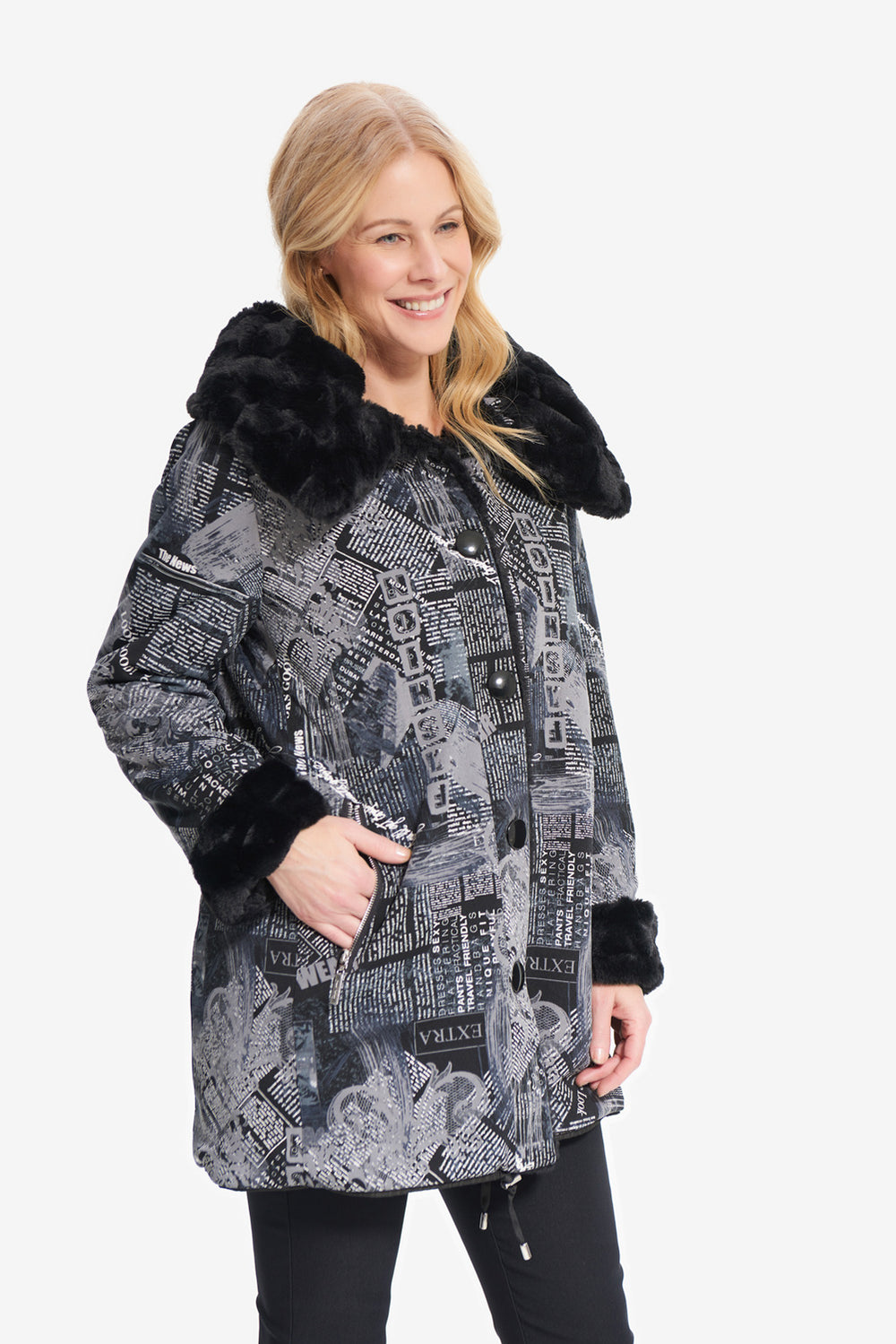 Joseph Ribkoff Black/Grey Newspaper Print Coat Style 214934 -2