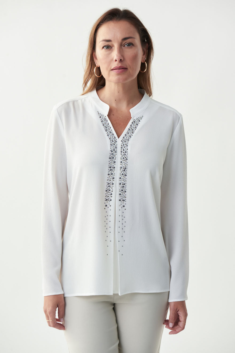 Joseph Ribkoff White Rhinestone Blouse Style 221046 - Main Image