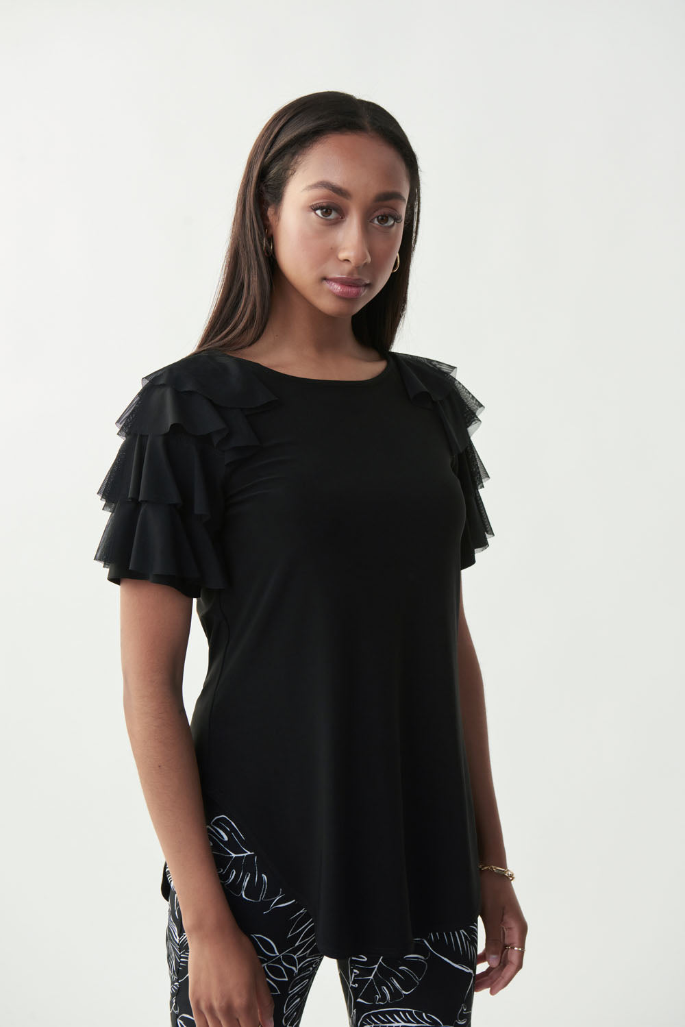 Joseph Ribkoff Black Tiered Ruffle Sleeve Top Style 221048 -  Main Image