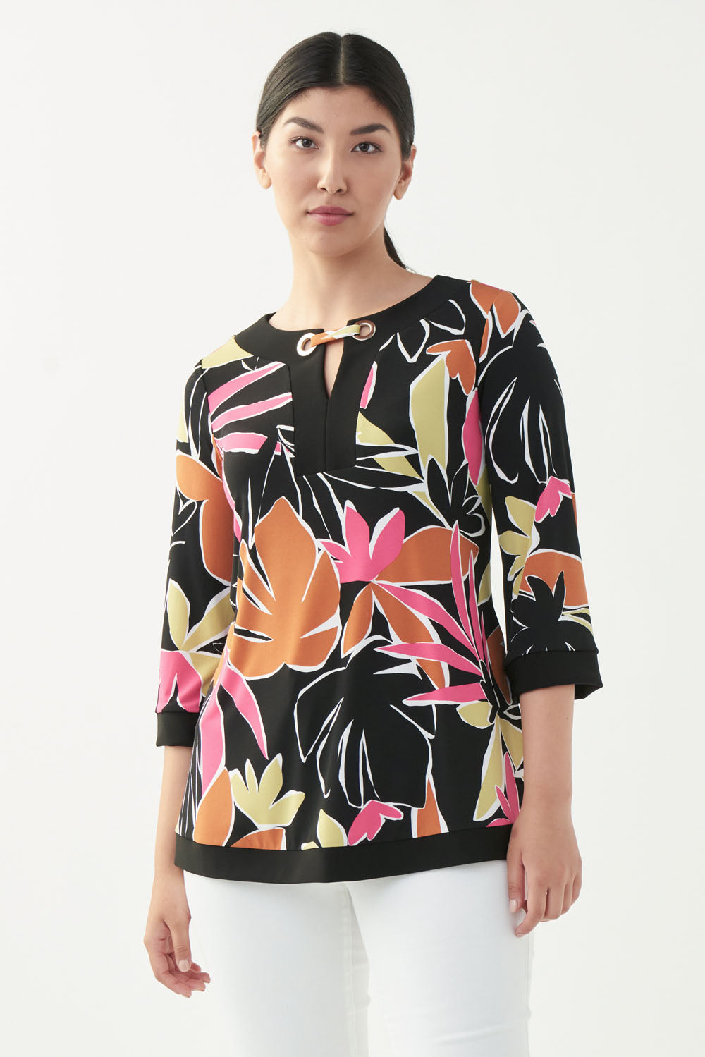 Joseph Ribkoff Black/Multi Palm Print Top Style 221075