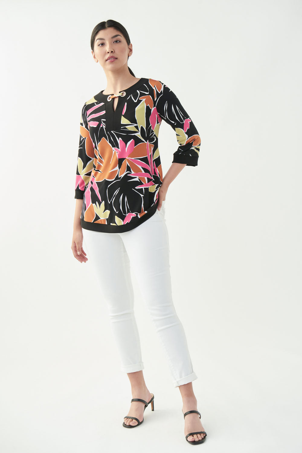 Joseph Ribkoff Black/Multi Palm Print Top Style 221075 - Main Image