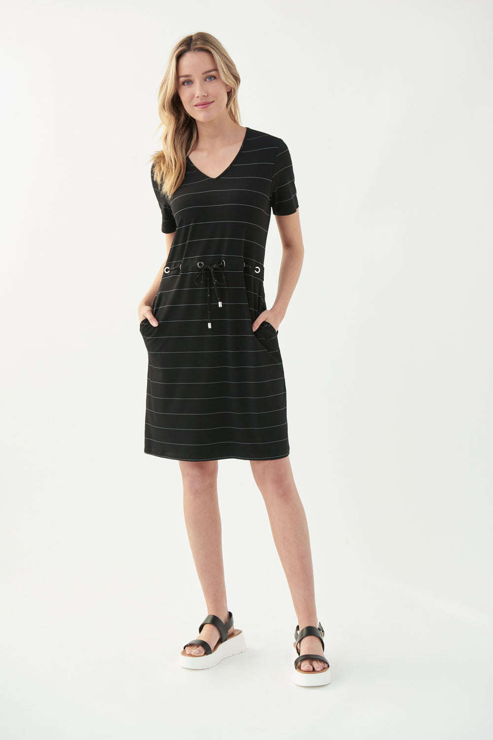 Joseph Ribkoff Black/Vanilla V-Neck Dress Style 221272 - Main Image