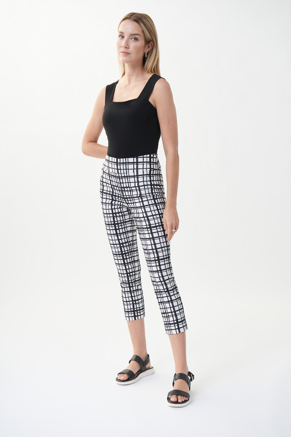 Joseph Ribkoff Black/Vanilla Checked Cropped Pants Style 222259-main