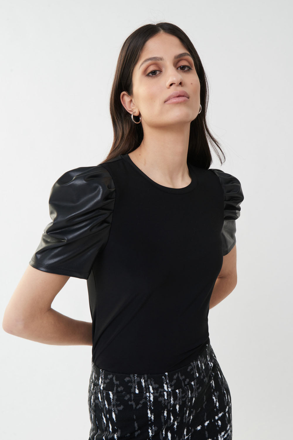 Joseph Ribkoff Faux Leather Puff Sleeve Top Style 223213