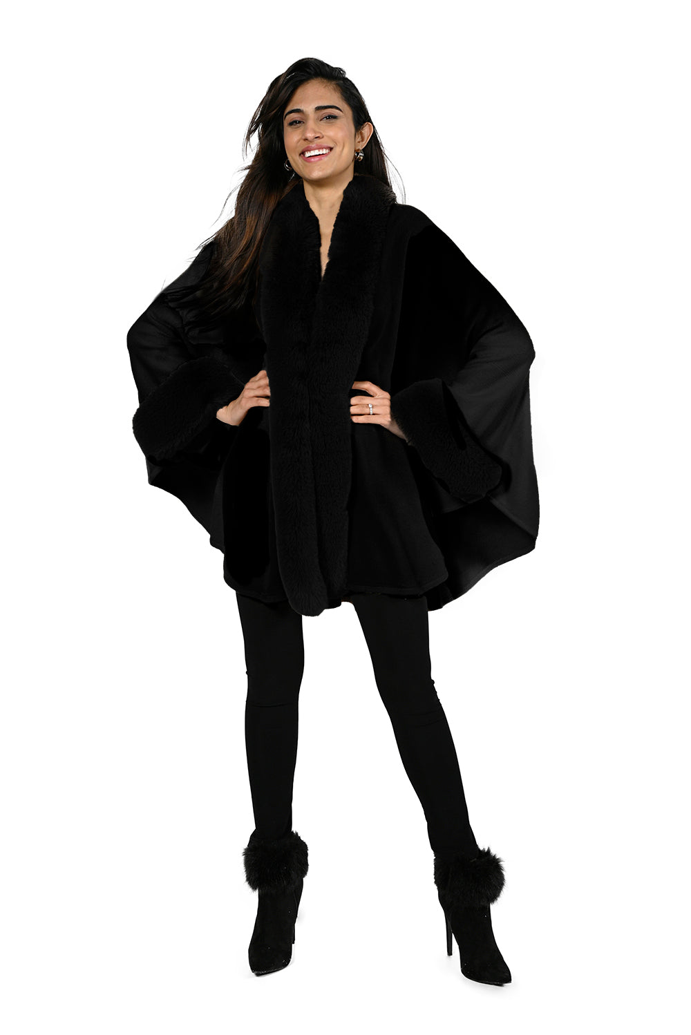 Frank Lyman Black Knit Cape with Faux Fur Trims Style 223445U