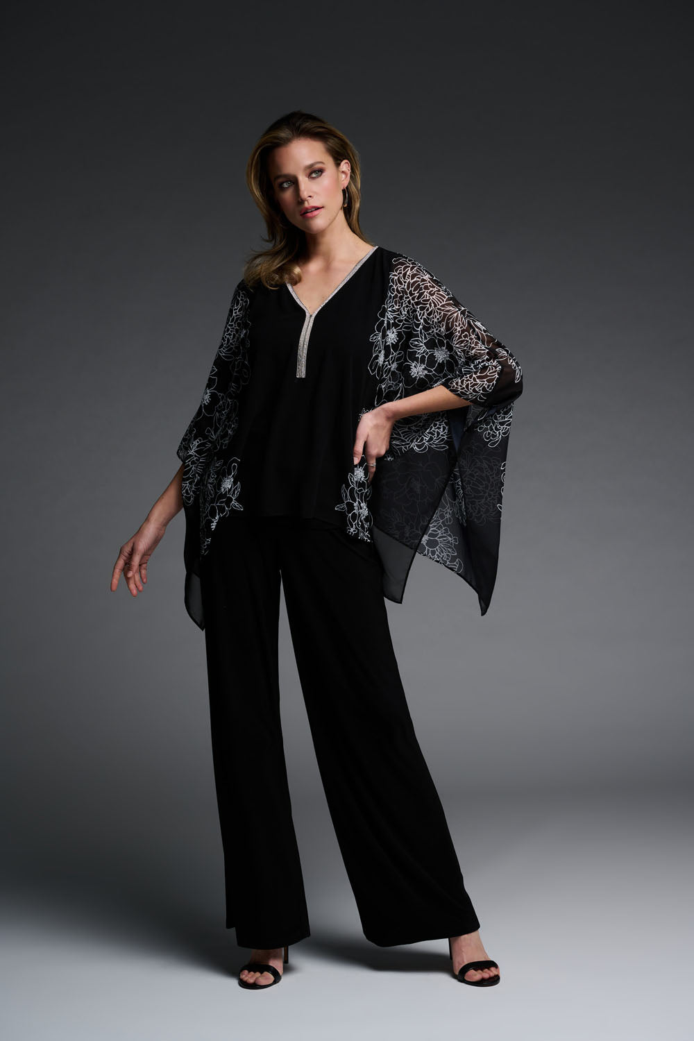 Joseph Ribkoff Black/Vanilla Sheer Top with Floral Overlay Style 223741