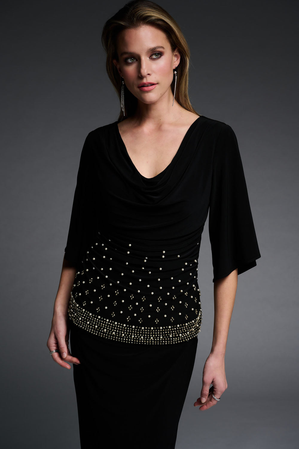 Joseph Ribkoff Black V-Neck Top with Pearl Embellishments Style 223755