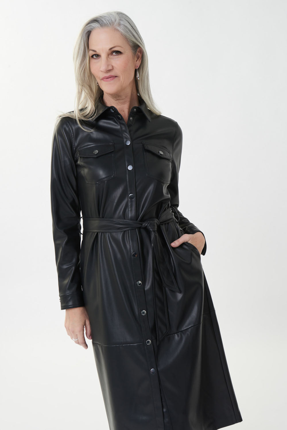 Joseph Ribkoff Black Faux Leather Shirt Dress Style 223940 DECABANA Joseph Ribkoff Black Faux Leather Shirt Dress Style 223940 DECABANA