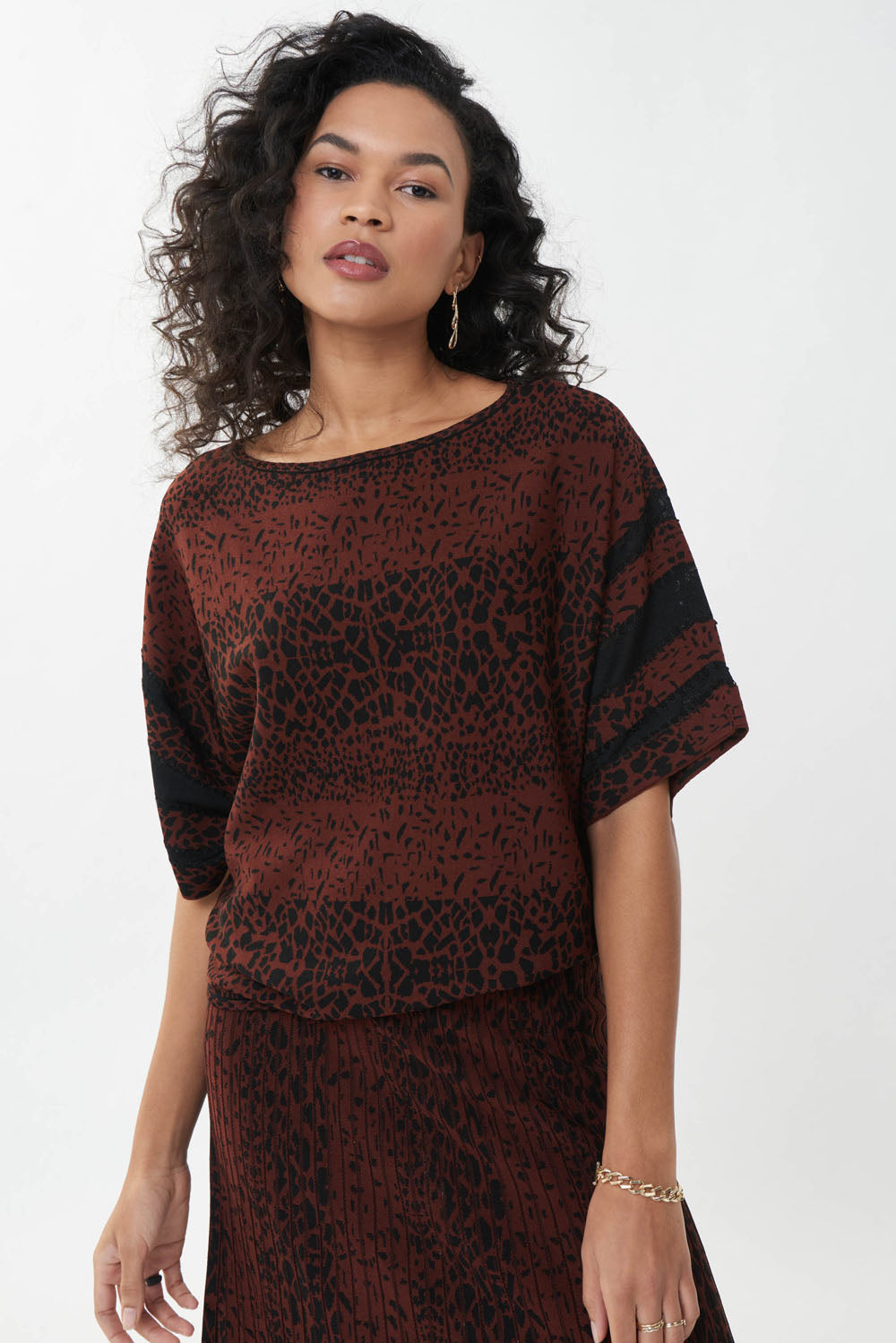 Joseph Ribkoff Brown Jacquard Knit Sweater Style 223959